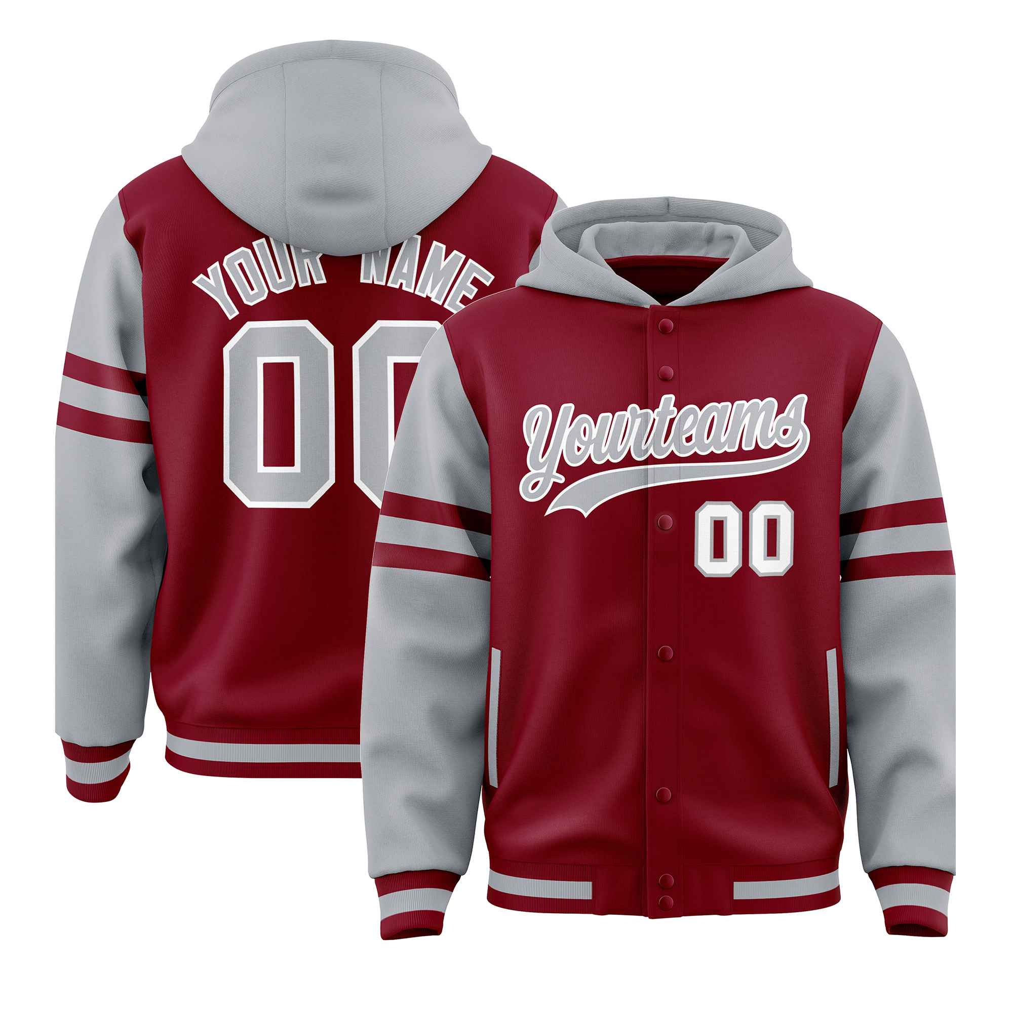 Custom Crimson Silver Raglan Sleeves Varsity Full-Snap Letterman Three Stripes Jacket Hoodie| KXKSHOP