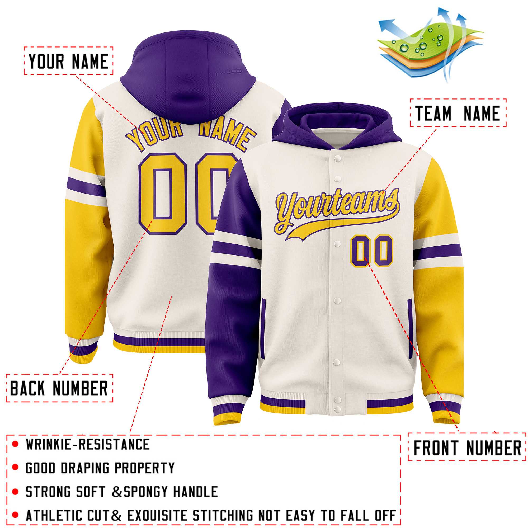 Custom Cream Purple-Gold Raglan Sleeves Varsity Full-Snap Letterman Three Stripes Jacket Hoodie| KXKSHOP