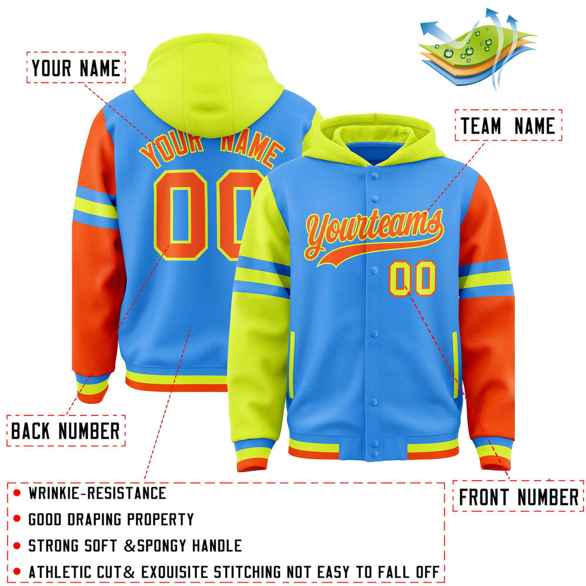 Custom Powder Blue Fluorescent Green-Orange Raglan Sleeves Varsity Full-Snap Letterman Three Stripes Jacket Hoodie| KXKSHOP