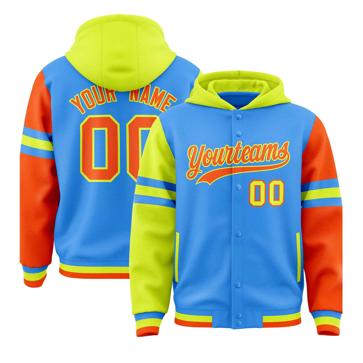 Custom Powder Blue Fluorescent Green-Orange Raglan Sleeves Varsity Full-Snap Letterman Three Stripes Jacket Hoodie| KXKSHOP