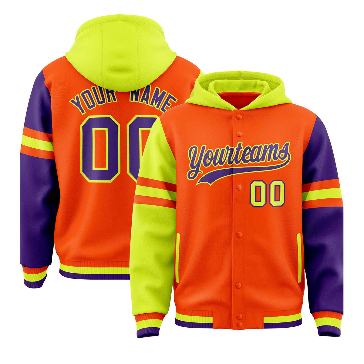 Custom Orange Fluorescent Green-Purple Raglan Sleeves Varsity Full-Snap Letterman Three Stripes Jacket Hoodie| KXKSHOP