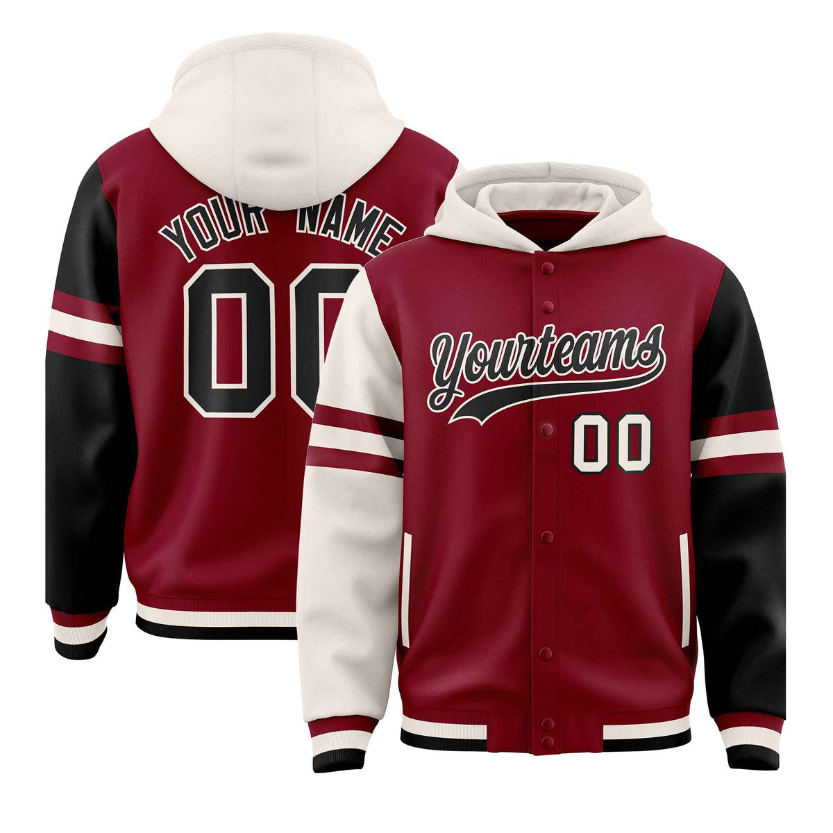 Custom Crimson Cream-Black Raglan Sleeves Varsity Full-Snap Letterman Three Stripes Jacket Hoodie| KXKSHOP