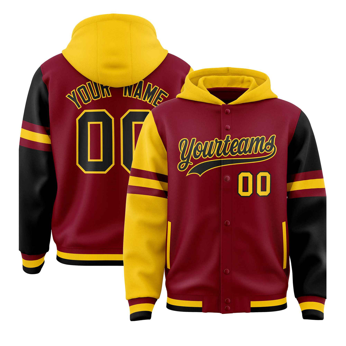 Custom Crimson Gold-Black Raglan Sleeves Varsity Full-Snap Letterman Three Stripes Jacket Hoodie| KXKSHOP