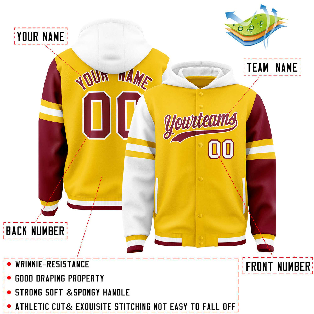 Custom Gold White-Crimson Raglan Sleeves Varsity Full-Snap Letterman Three Stripes Jacket Hoodie| KXKSHOP