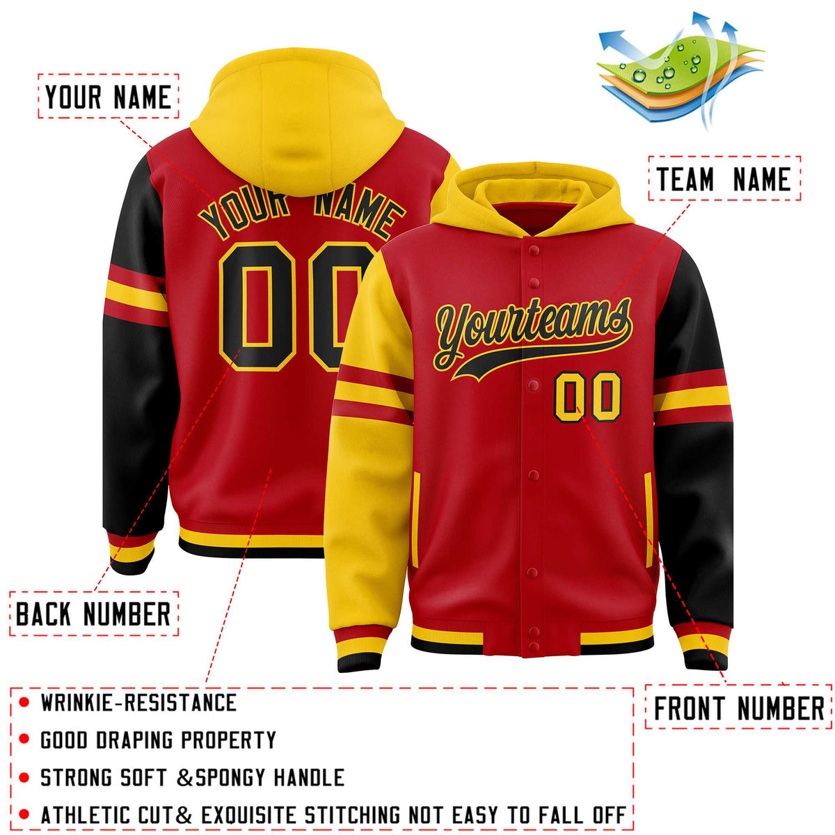 Custom Red Gold-Black Raglan Sleeves Varsity Full-Snap Letterman Three Stripes Jacket Hoodie| KXKSHOP