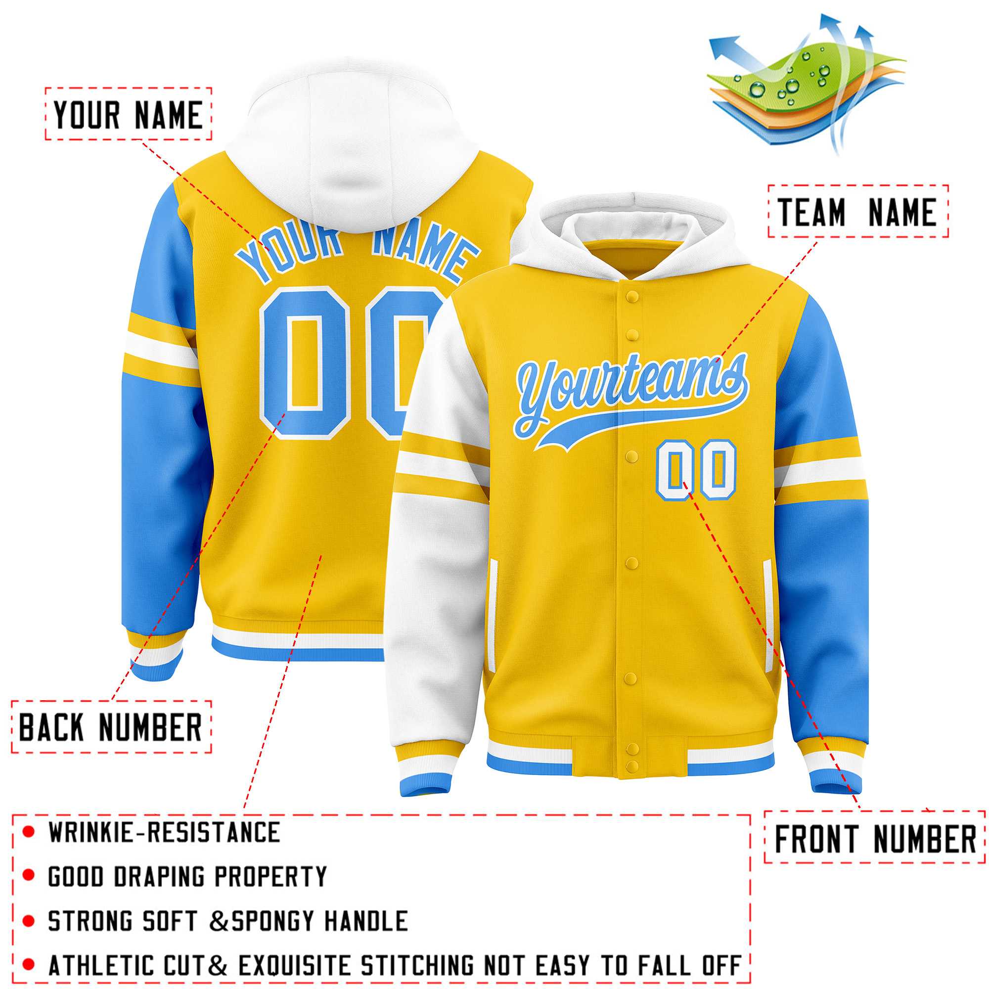 Custom Gold White-Powder Blue Raglan Sleeves Varsity Full-Snap Letterman Three Stripes Jacket Hoodie| KXKSHOP