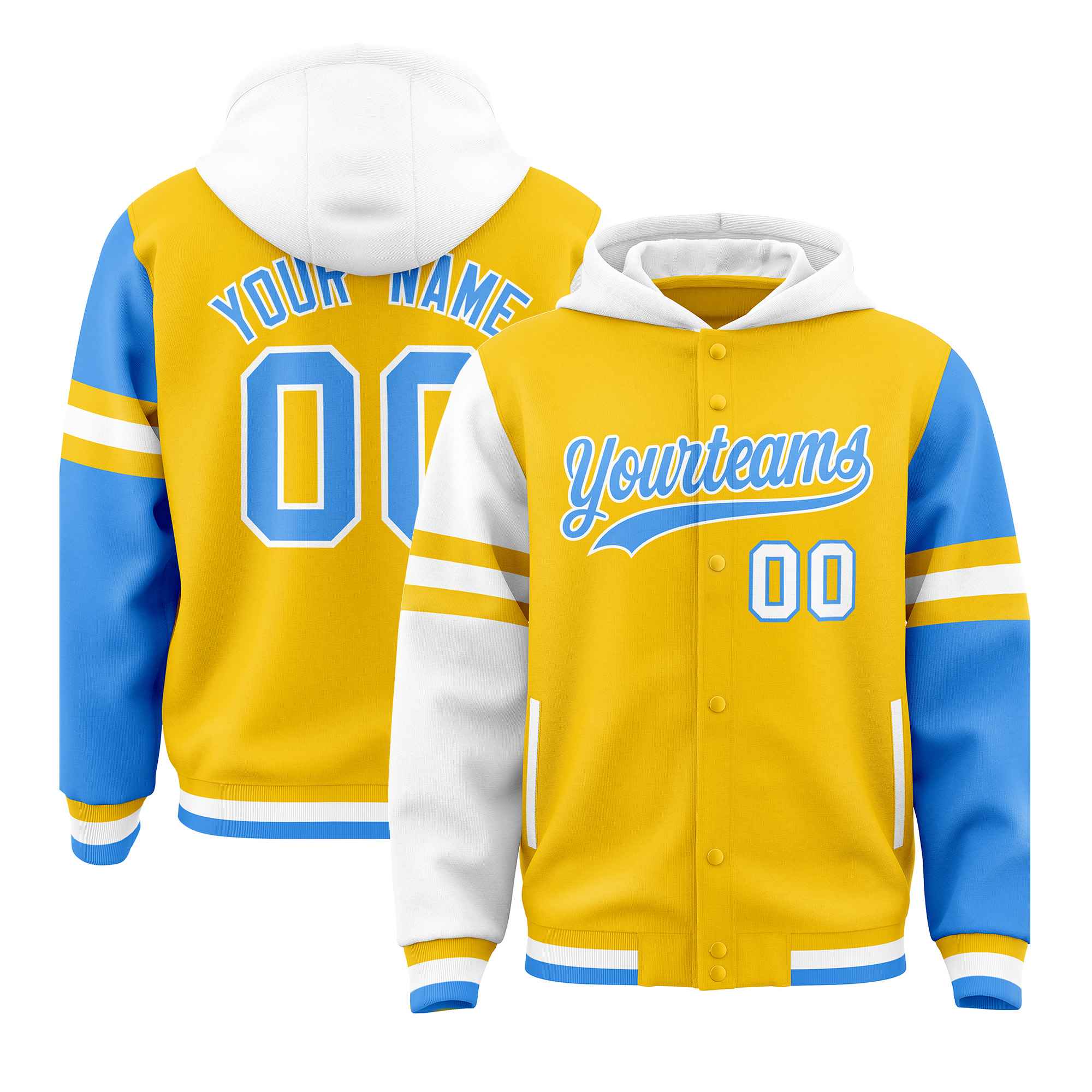 Custom Gold White-Powder Blue Raglan Sleeves Varsity Full-Snap Letterman Three Stripes Jacket Hoodie| KXKSHOP