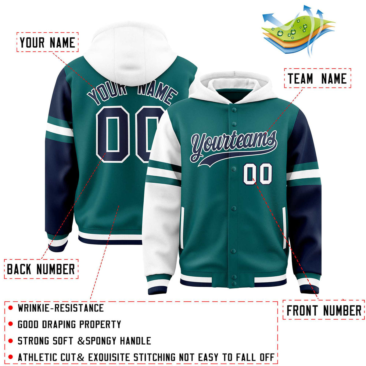 Custom Aqua White-Navy Raglan Sleeves Varsity Full-Snap Letterman Three Stripes Jacket Hoodie| KXKSHOP