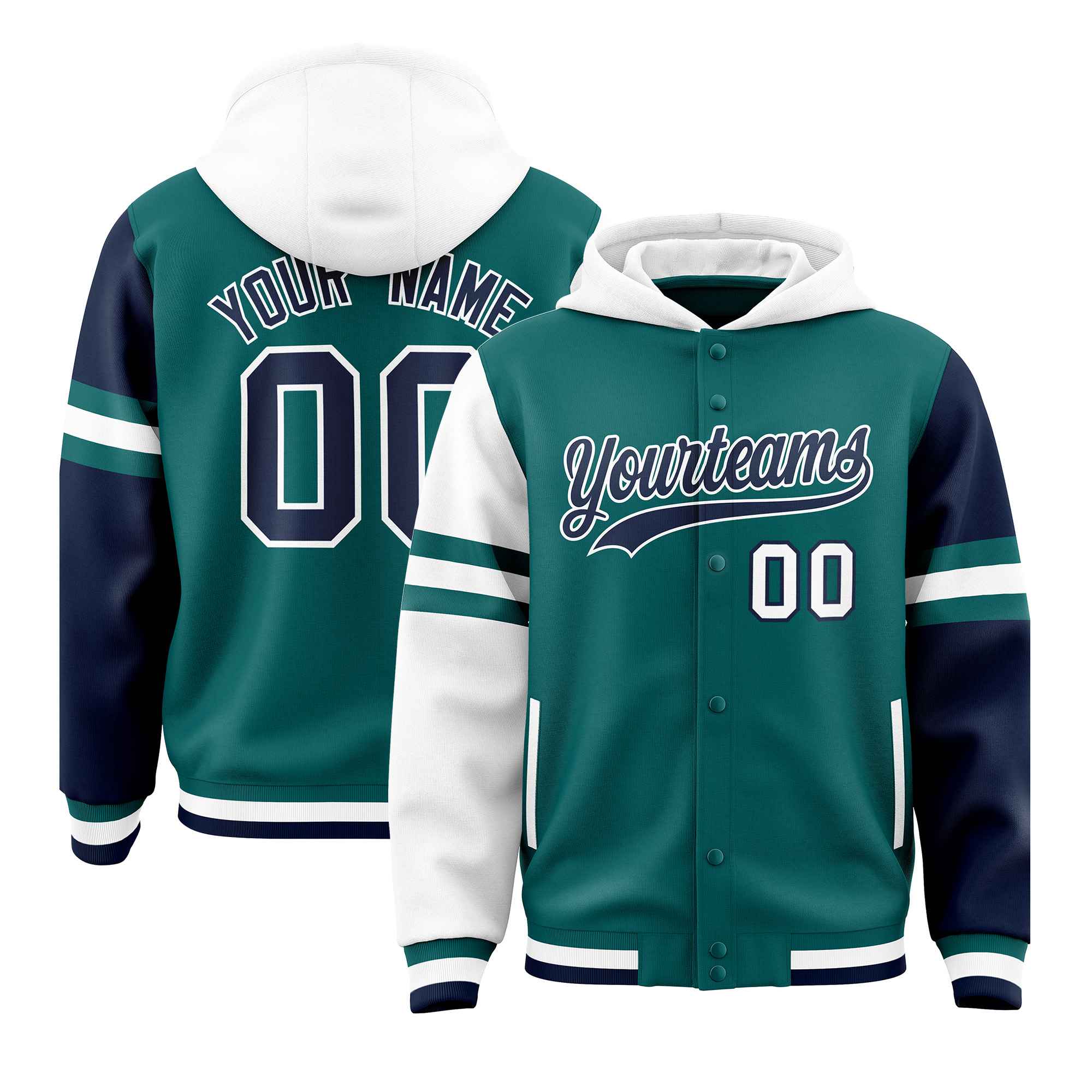 Custom Aqua White-Navy Raglan Sleeves Varsity Full-Snap Letterman Three Stripes Jacket Hoodie| KXKSHOP
