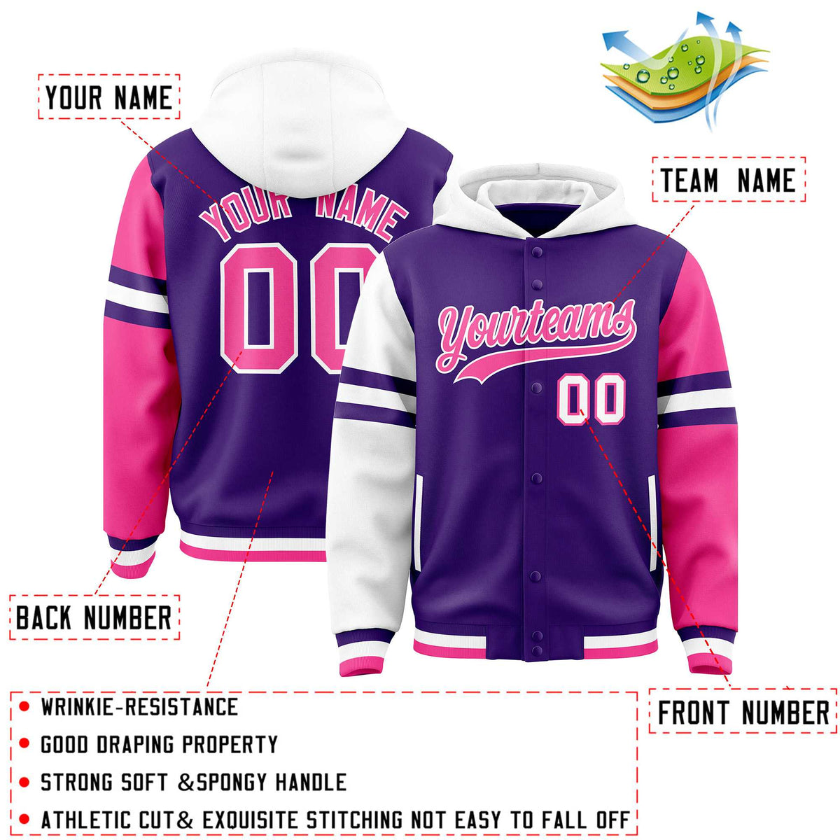 Custom Purple White-Pink Raglan Sleeves Varsity Full-Snap Letterman Three Stripes Jacket Hoodie| KXKSHOP
