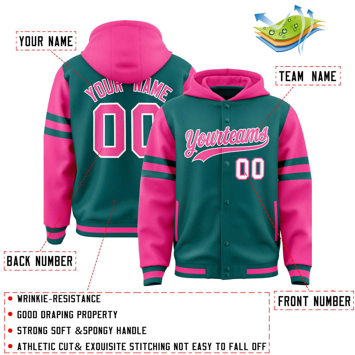Custom Aqua Pink Raglan Sleeves Varsity Full-Snap Letterman Three Stripes Jacket Hoodie| KXKSHOP