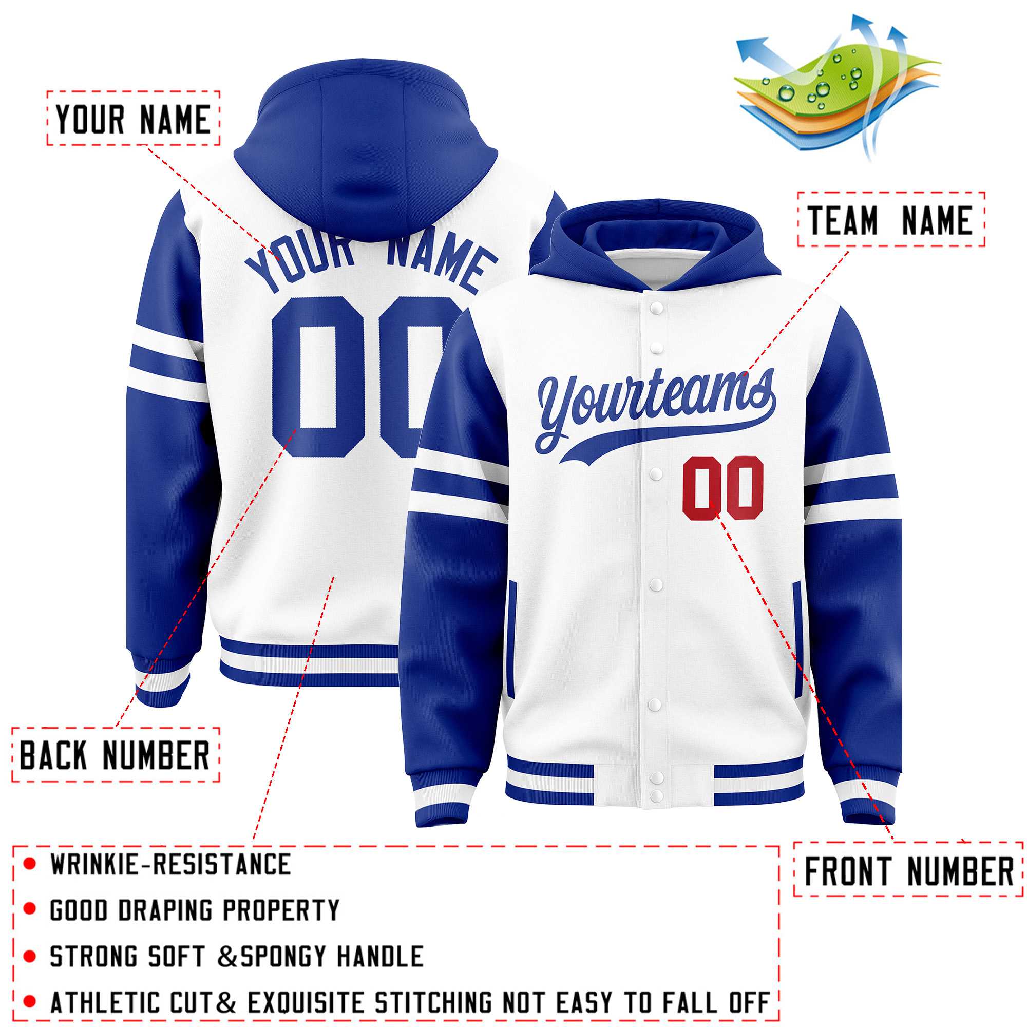 Custom White Royal Raglan Sleeves Varsity Full-Snap Letterman Three Stripes Jacket Hoodie| KXKSHOP