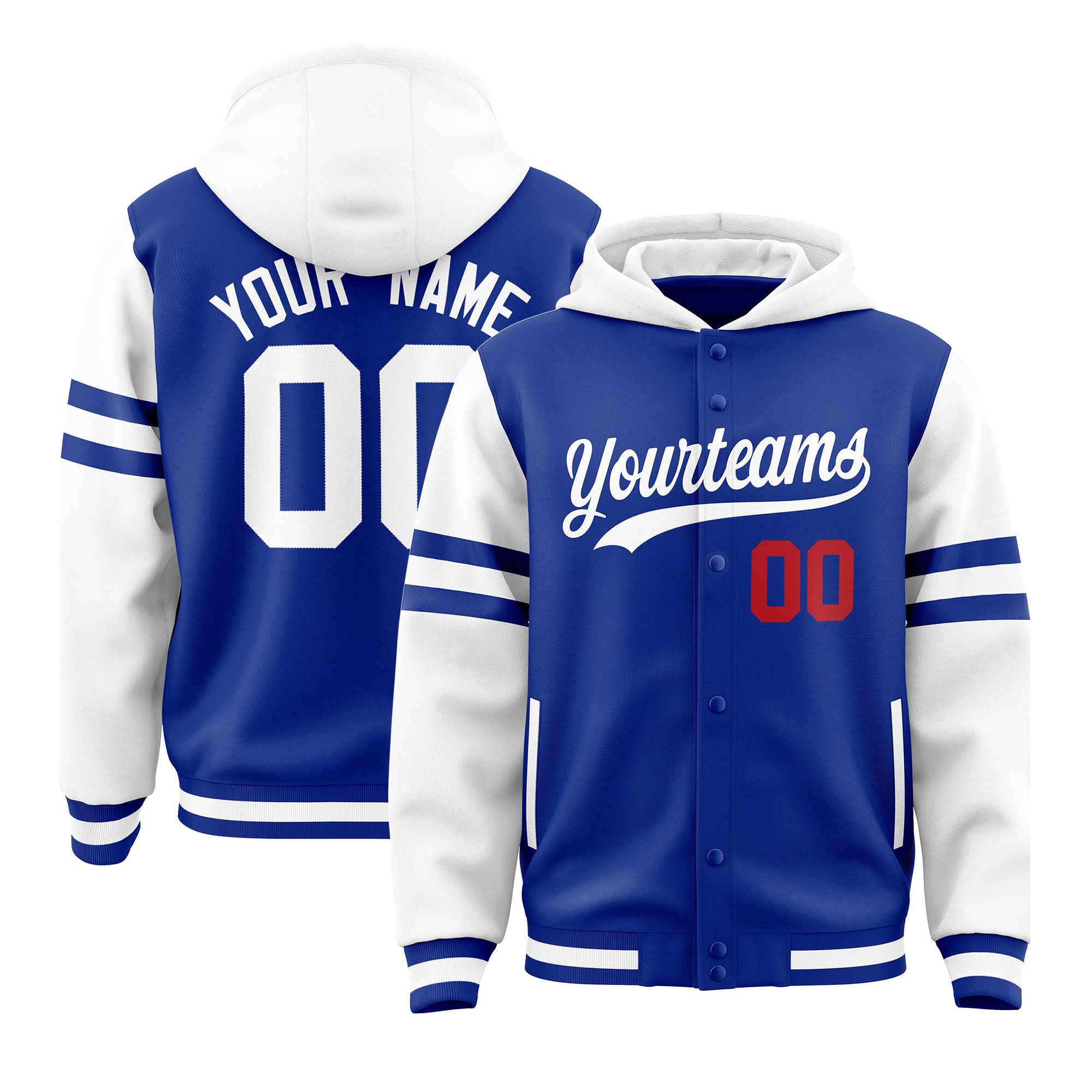 Custom Royal White Raglan Sleeves Varsity Full-Snap Letterman Three Stripes Jacket Hoodie| KXKSHOP