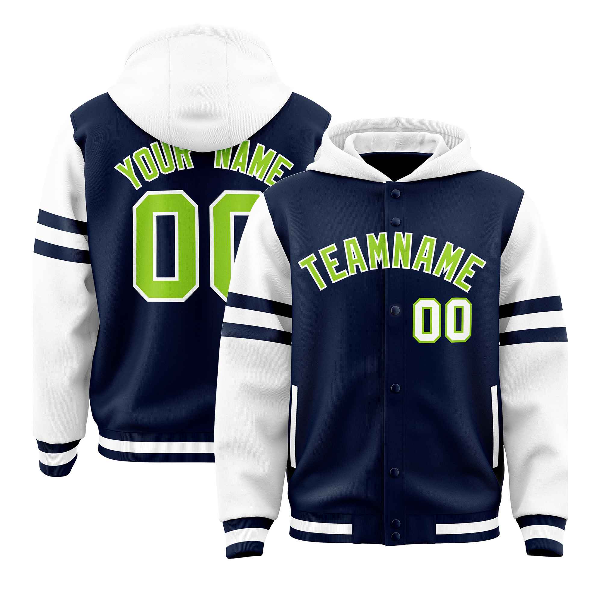Custom Navy White Raglan Sleeves Varsity Full-Snap Letterman Three Stripes Jacket Hoodie| KXKSHOP