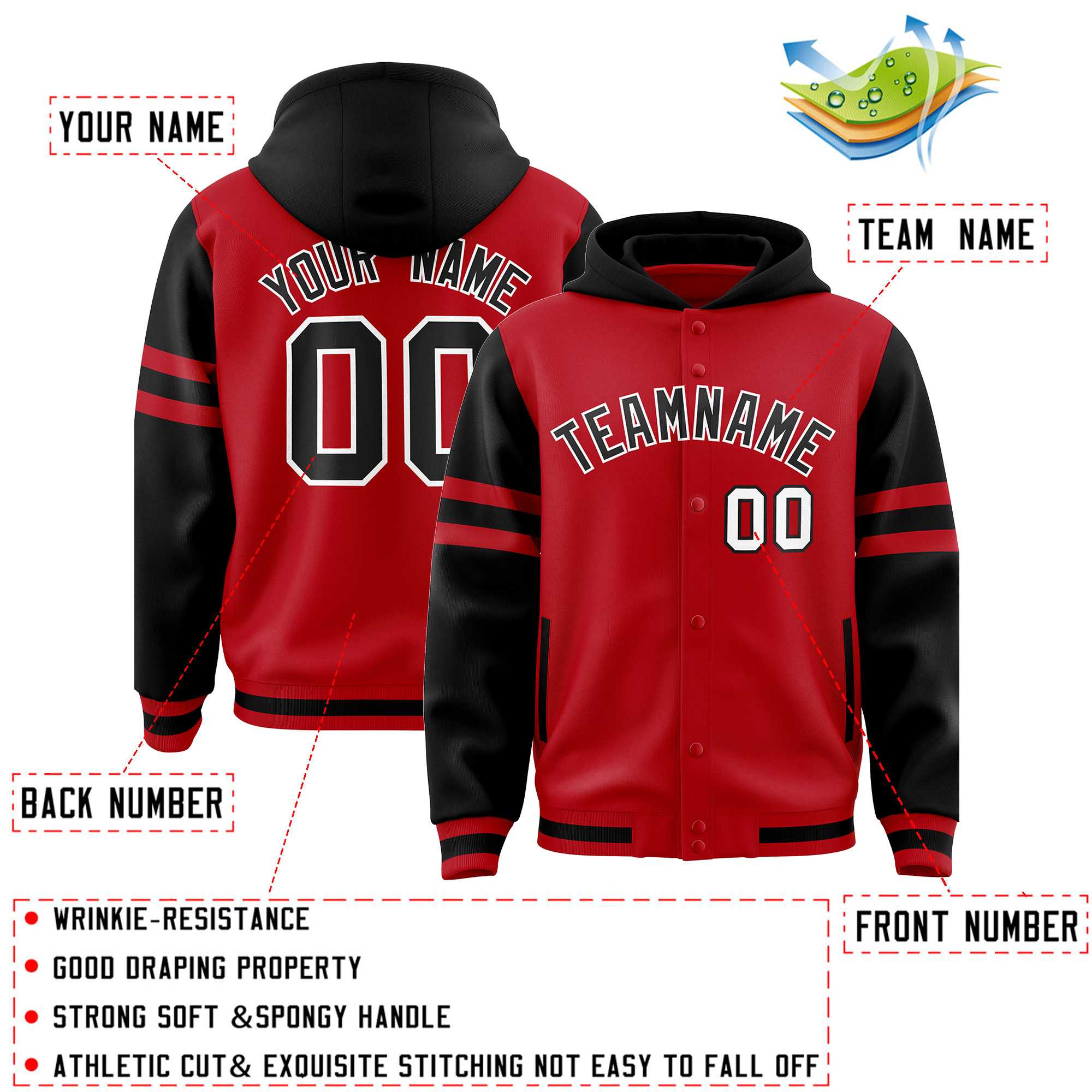 Custom Red Black Raglan Sleeves Varsity Full-Snap Letterman Three Stripes Jacket Hoodie| KXKSHOP
