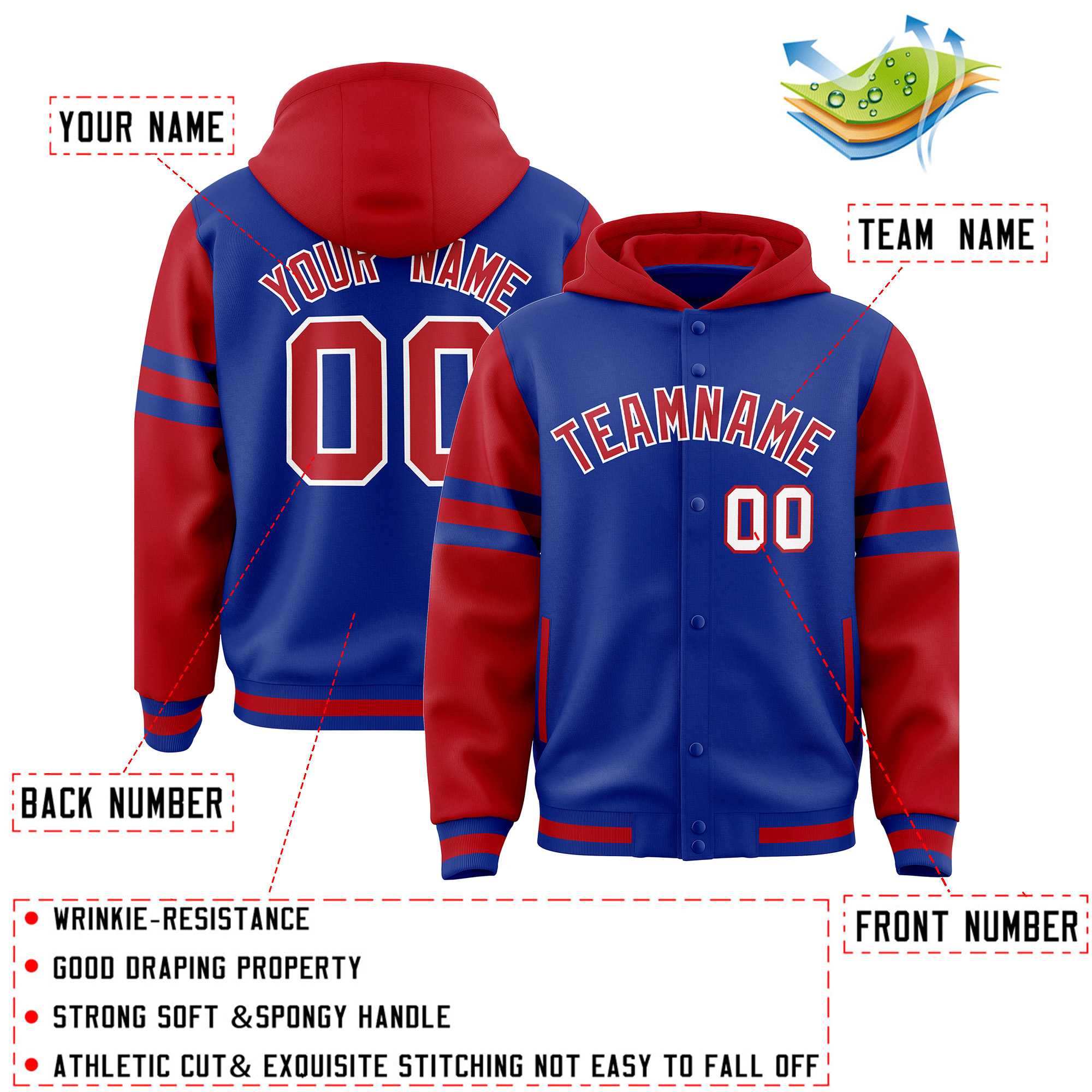 Custom Royal Red Raglan Sleeves Varsity Full-Snap Letterman Three Stripes Jacket Hoodie| KXKSHOP