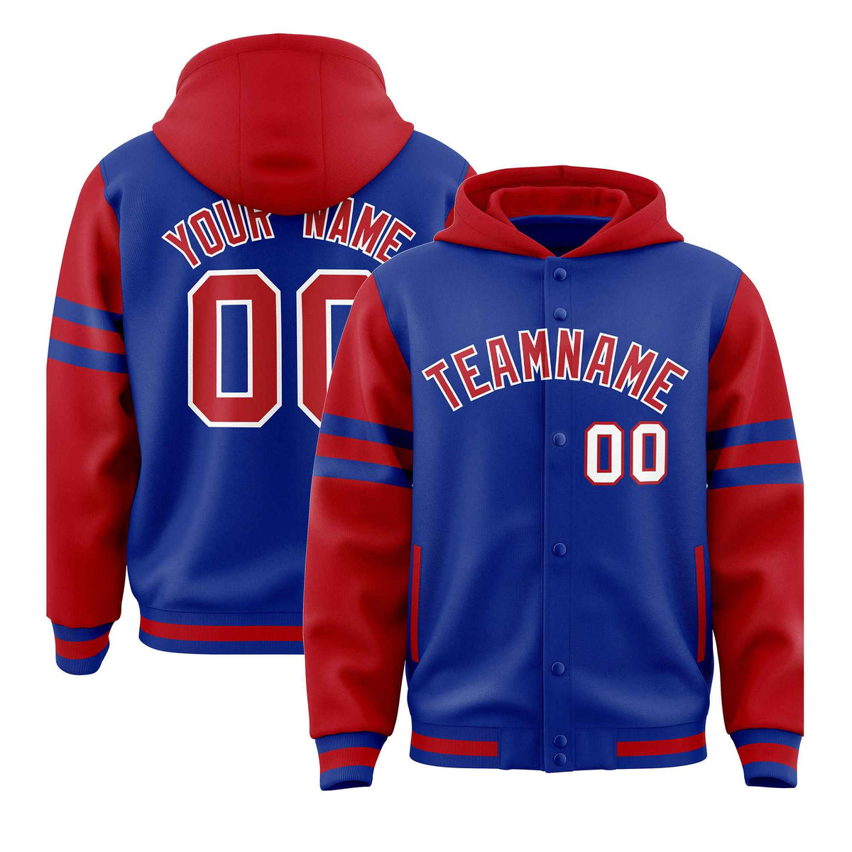 Custom Royal Red Raglan Sleeves Varsity Full-Snap Letterman Three Stripes Jacket Hoodie| KXKSHOP