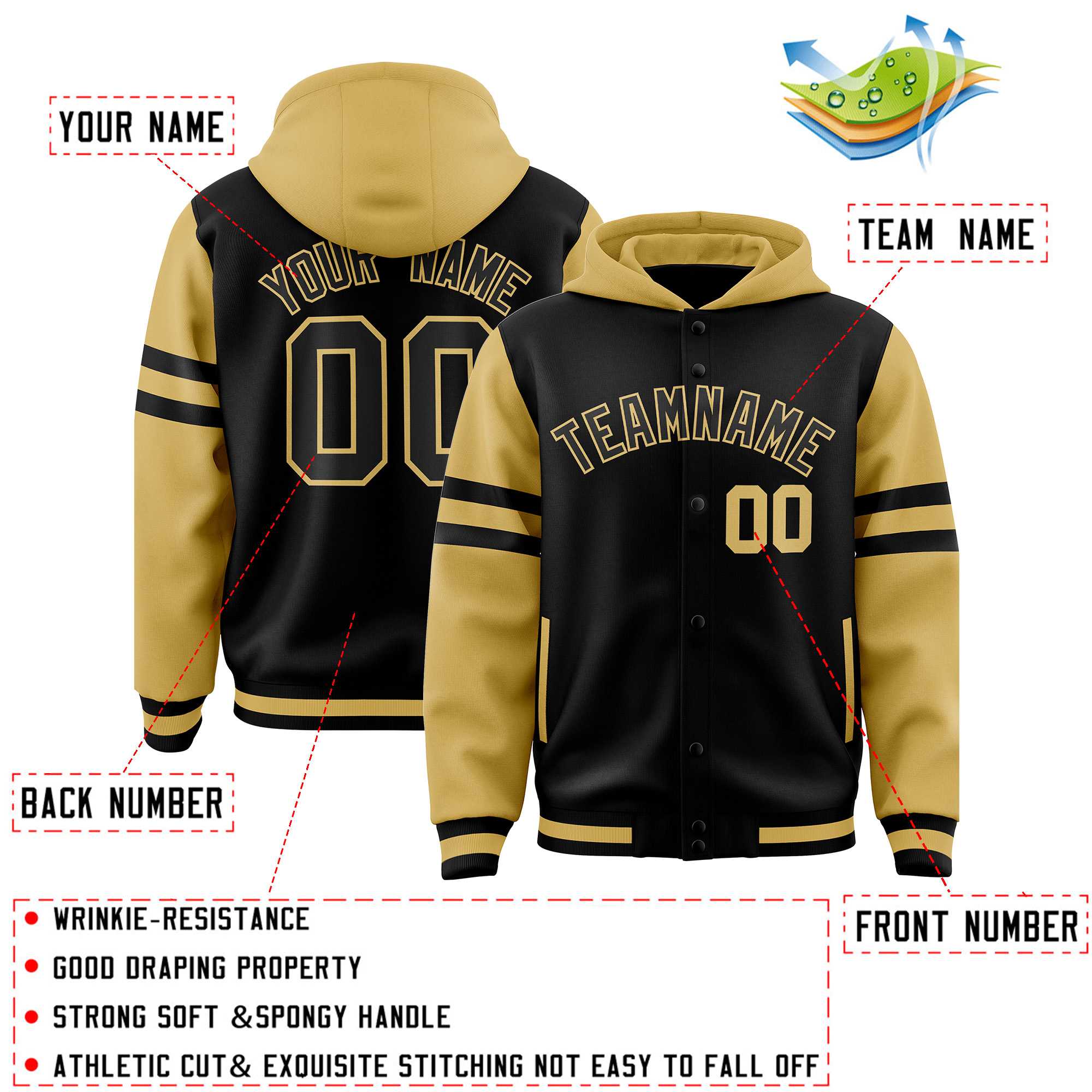 Custom Black Old Gold Raglan Sleeves Varsity Full-Snap Letterman Three Stripes Jacket Hoodie| KXKSHOP