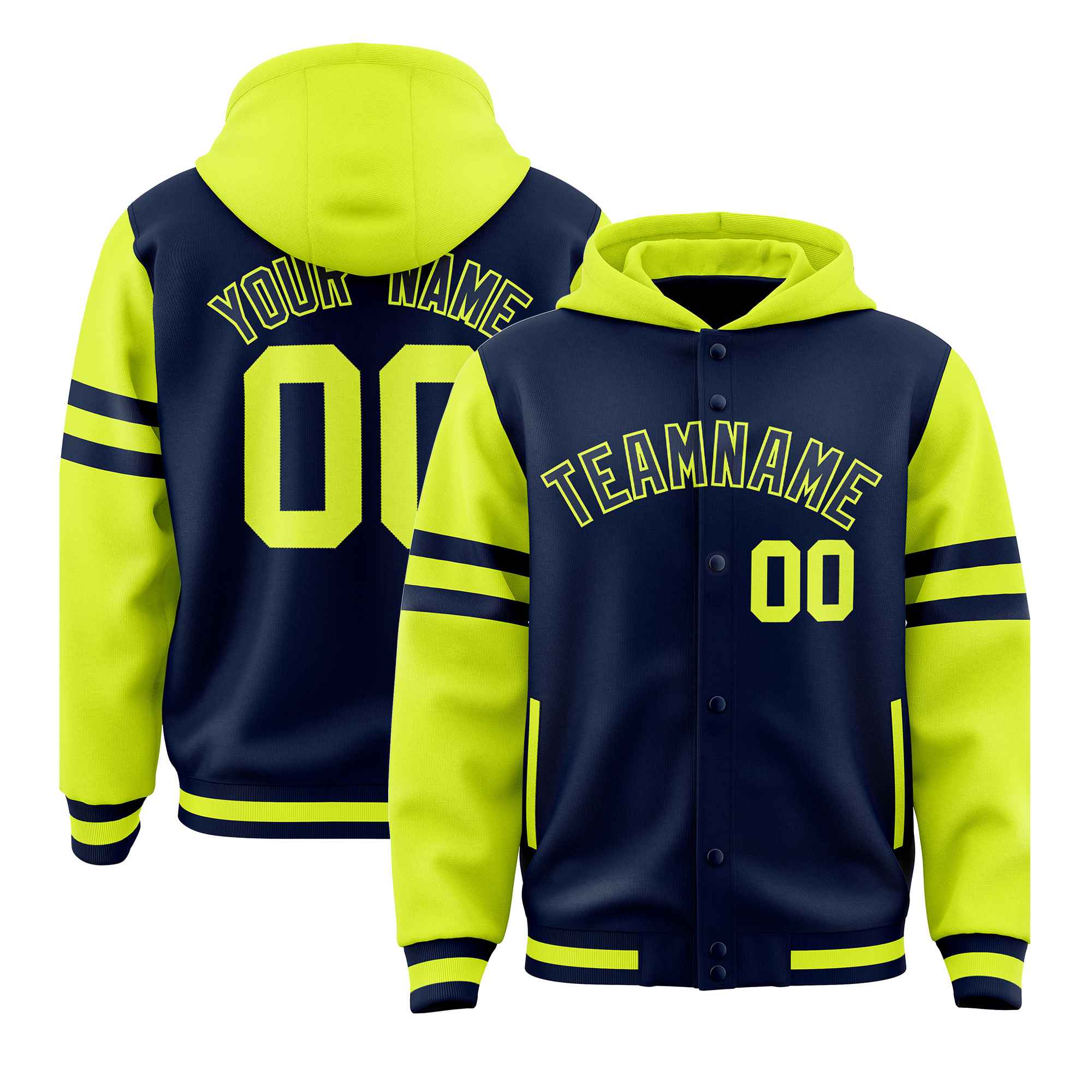 Custom Navy Fluorescent Green Raglan Sleeves Varsity Full-Snap Letterman Three Stripes Jacket Hoodie| KXKSHOP