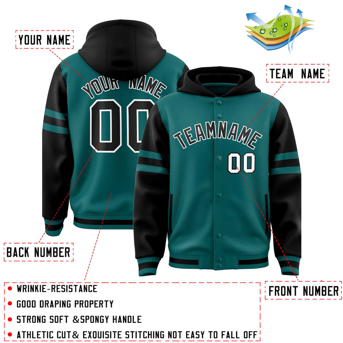 Custom Aqua Black Raglan Sleeves Varsity Full-Snap Letterman Three Stripes Jacket Hoodie| KXKSHOP