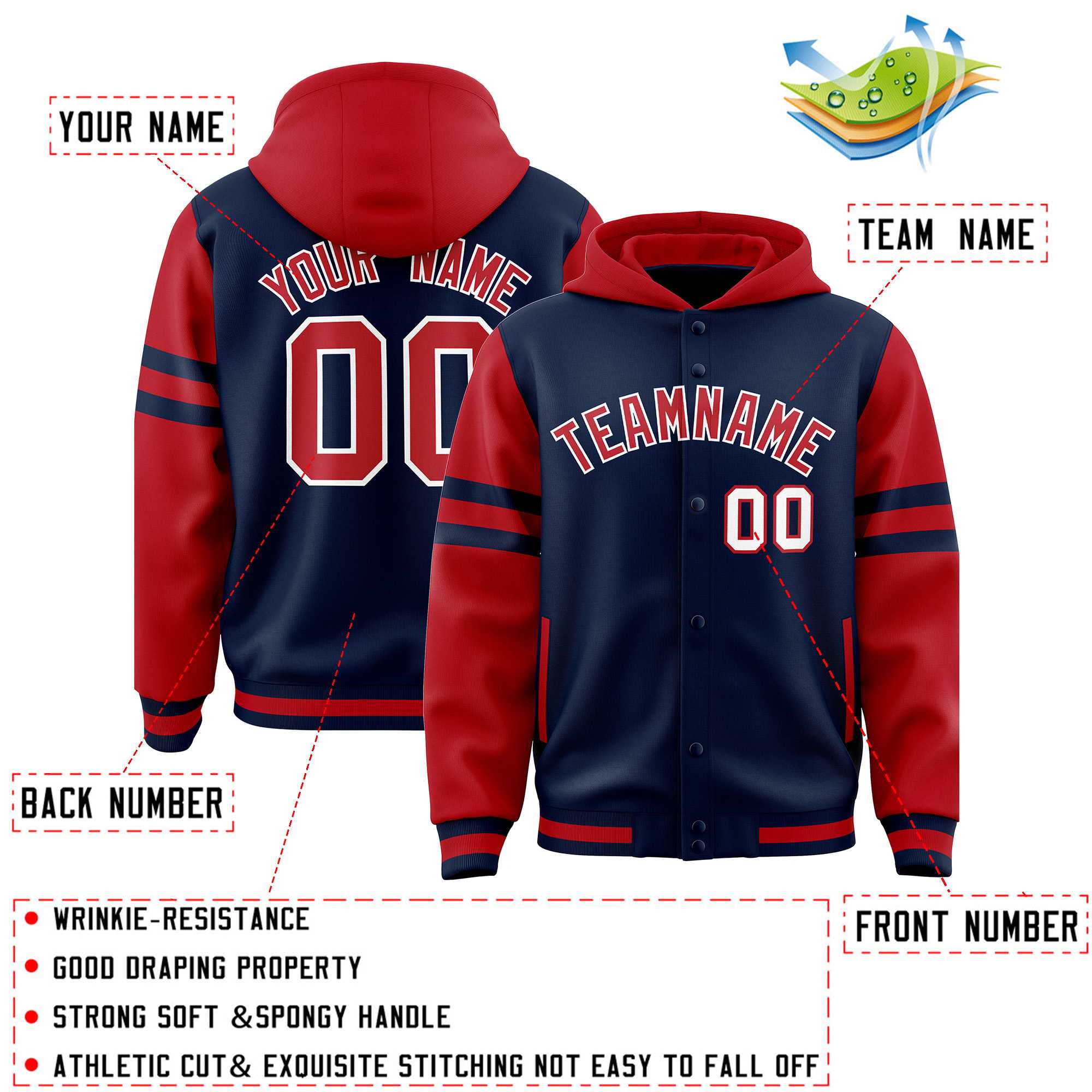 Custom Navy Red Raglan Sleeves Varsity Full-Snap Letterman Three Stripes Jacket Hoodie| KXKSHOP