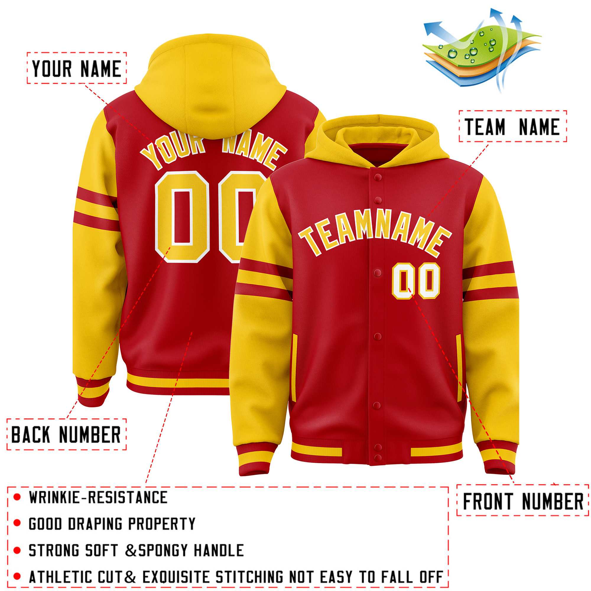 Custom Red Gold Raglan Sleeves Varsity Full-Snap Letterman Three Stripes Jacket Hoodie| KXKSHOP