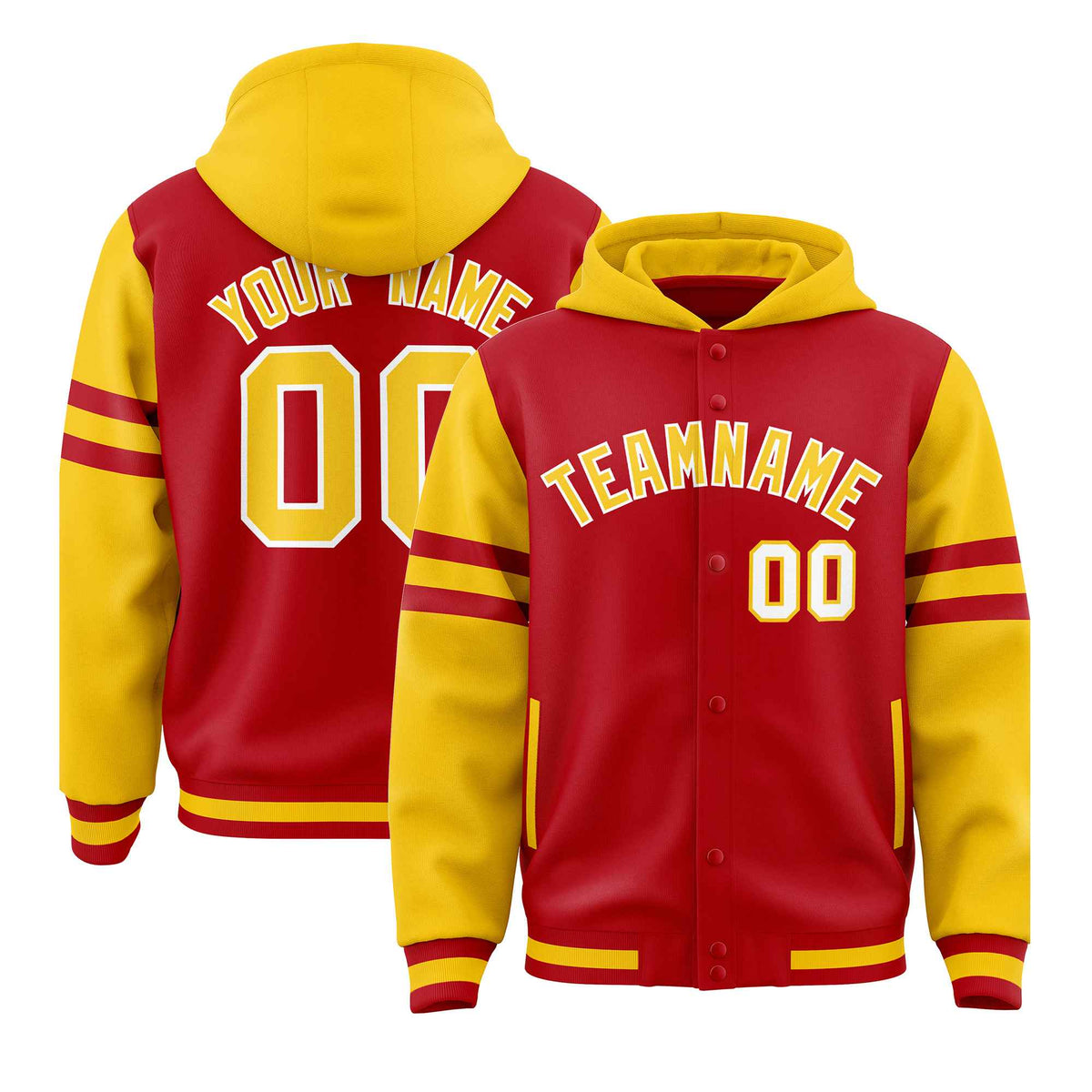 Custom Red Gold Raglan Sleeves Varsity Full-Snap Letterman Three Stripes Jacket Hoodie| KXKSHOP