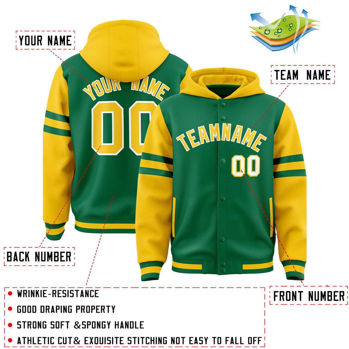 Custom Kelly Green Gold Raglan Sleeves Varsity Full-Snap Letterman Three Stripes Jacket Hoodie| KXKSHOP