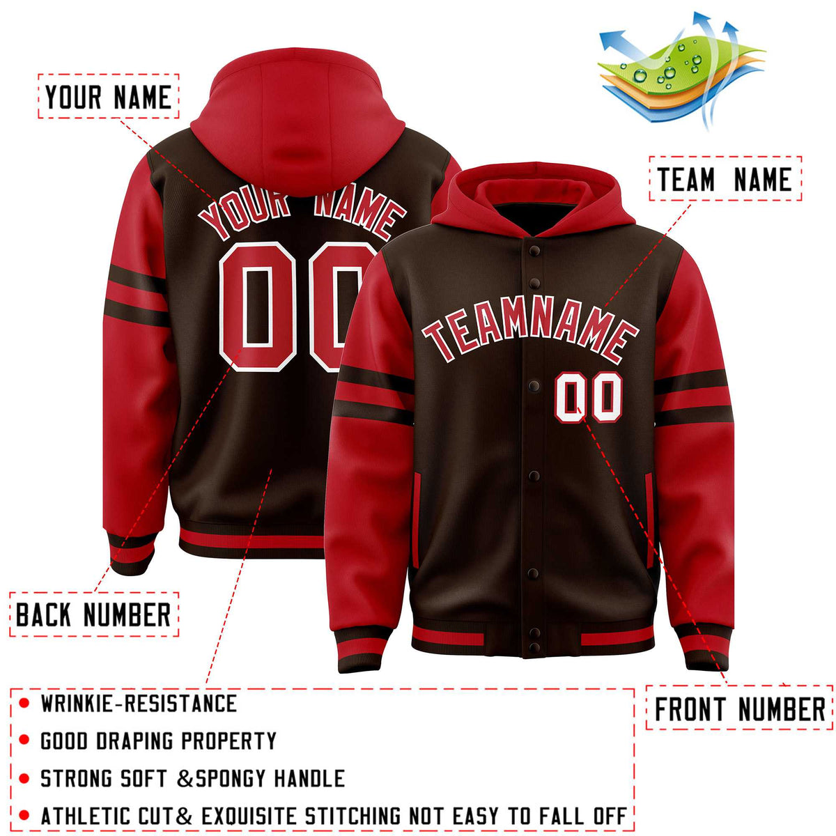 Custom Brown Red Raglan Sleeves Varsity Full-Snap Letterman Three Stripes Jacket Hoodie| KXKSHOP