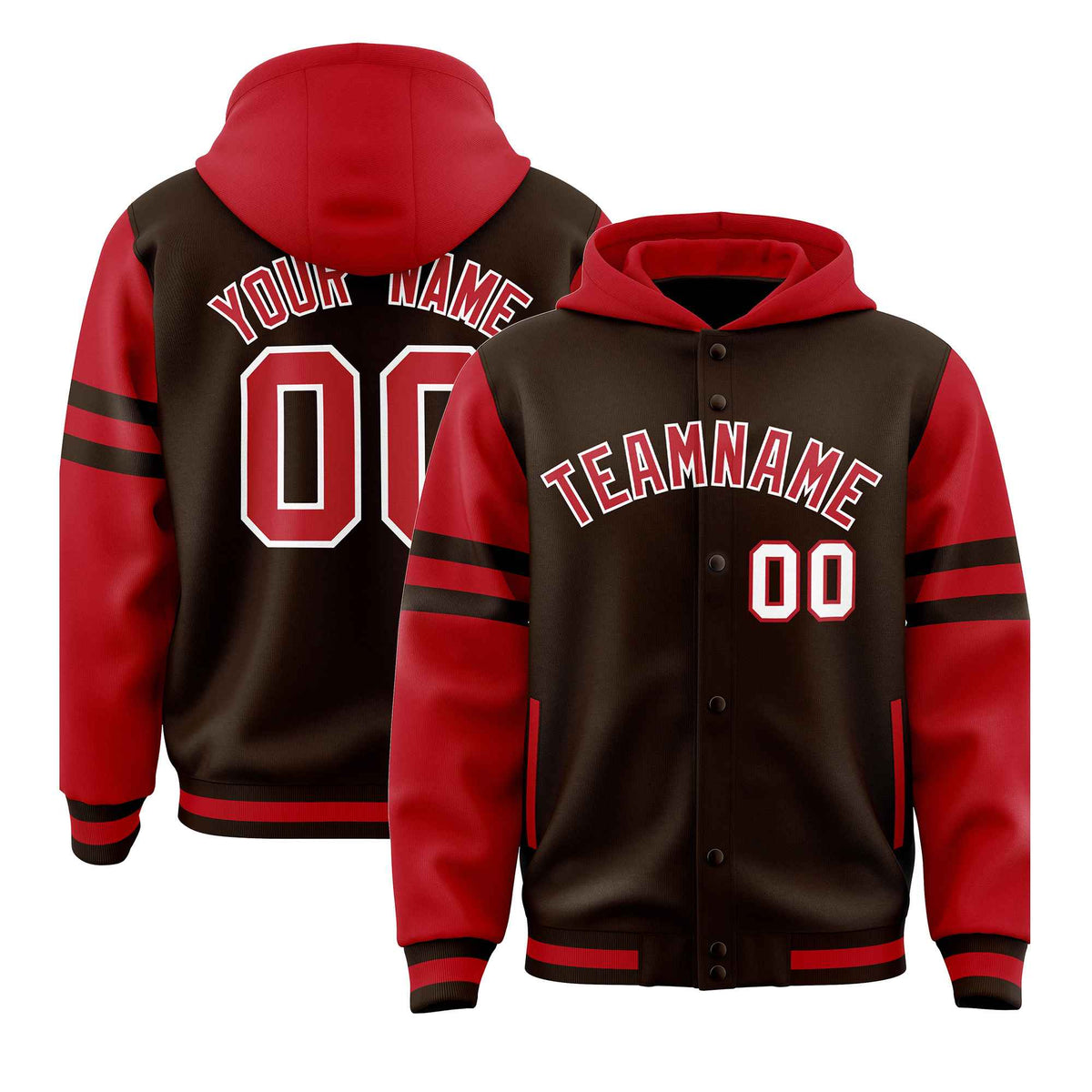 Custom Brown Red Raglan Sleeves Varsity Full-Snap Letterman Three Stripes Jacket Hoodie| KXKSHOP