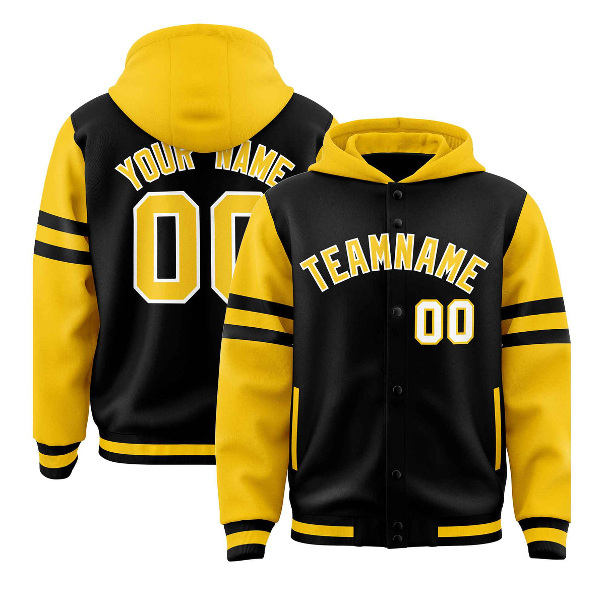 Custom Black Gold Raglan Sleeves Varsity Full-Snap Letterman Three Stripes Jacket Hoodie| KXKSHOP