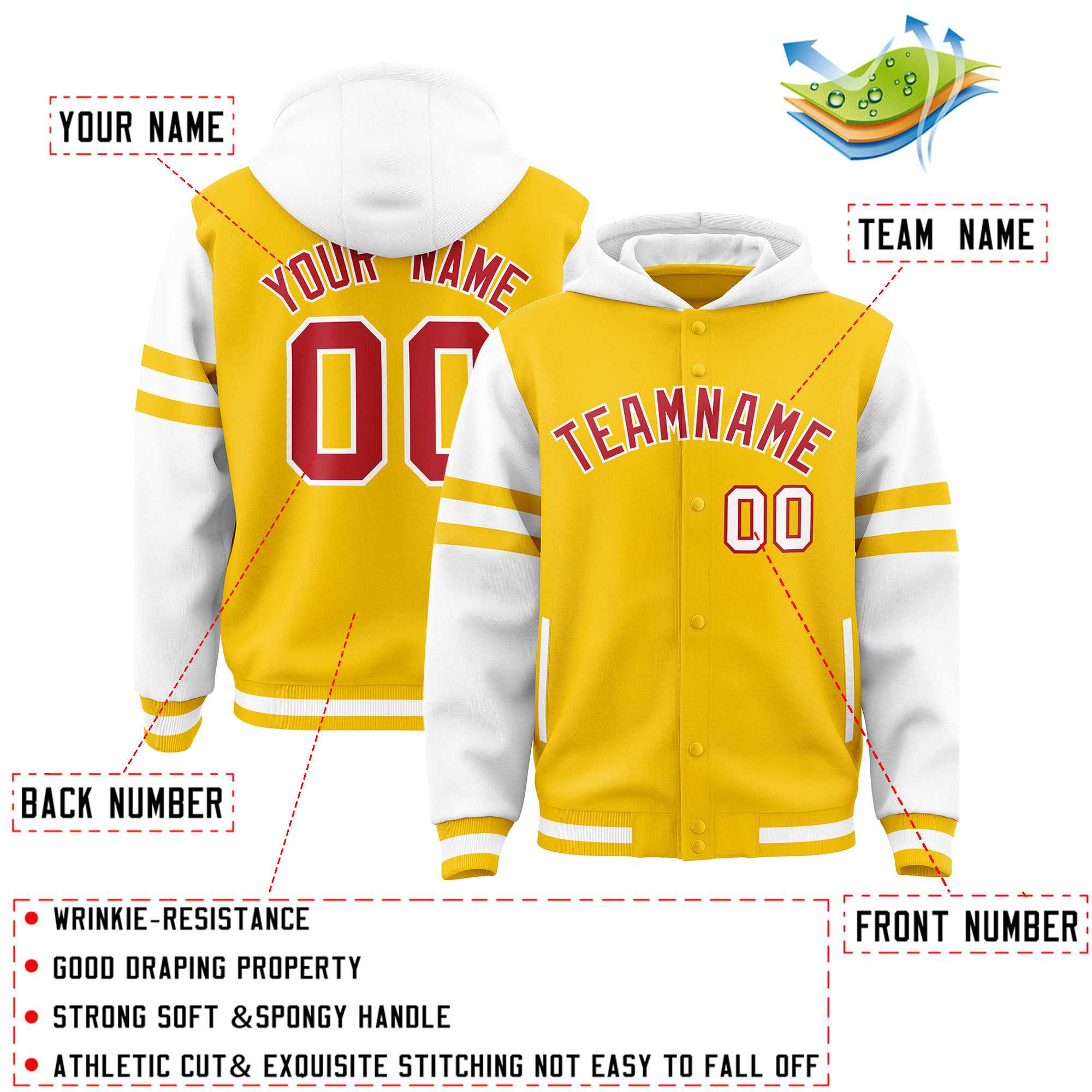 Custom Gold White Raglan Sleeves Varsity Full-Snap Letterman Three Stripes Jacket Hoodie| KXKSHOP