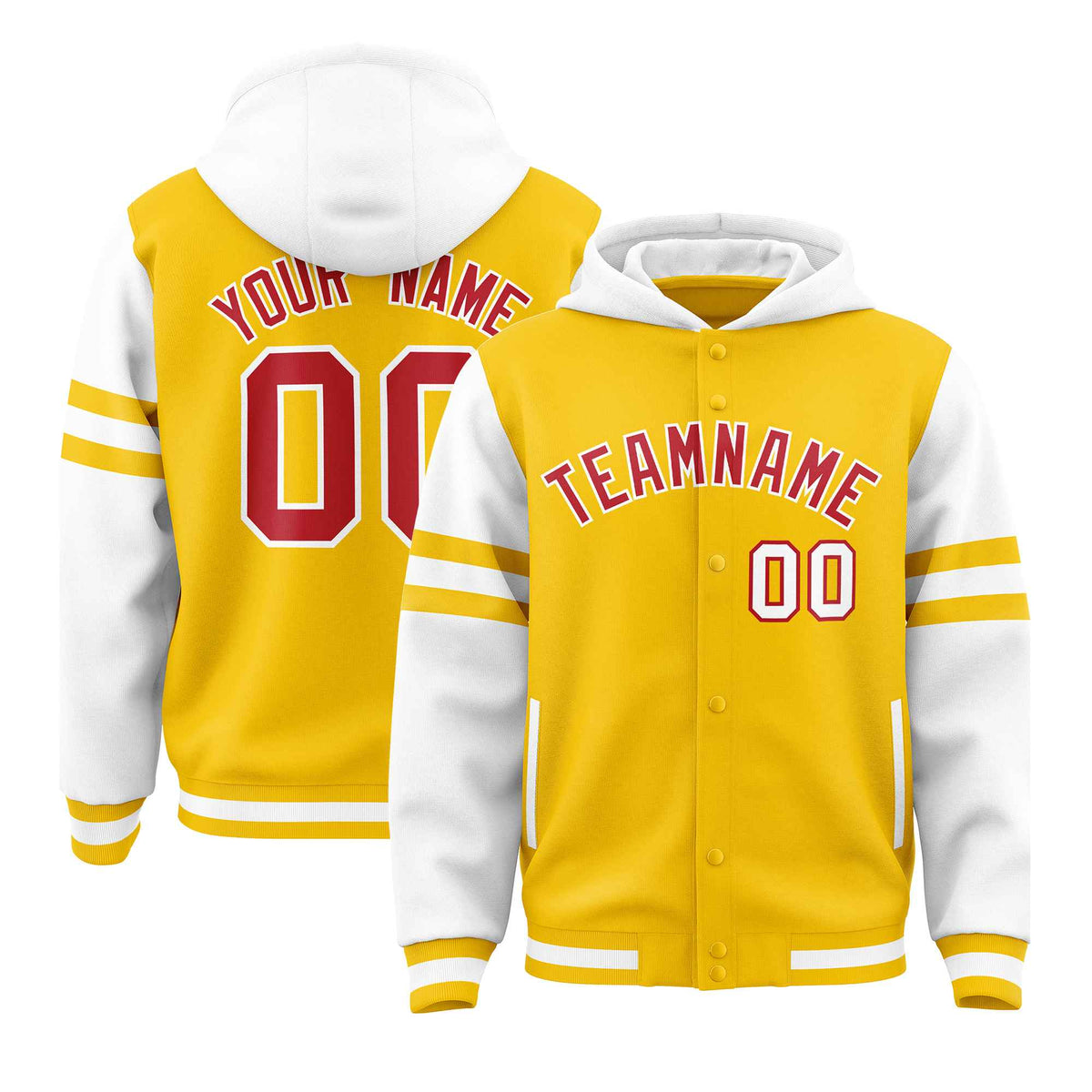 Custom Gold White Raglan Sleeves Varsity Full-Snap Letterman Three Stripes Jacket Hoodie| KXKSHOP