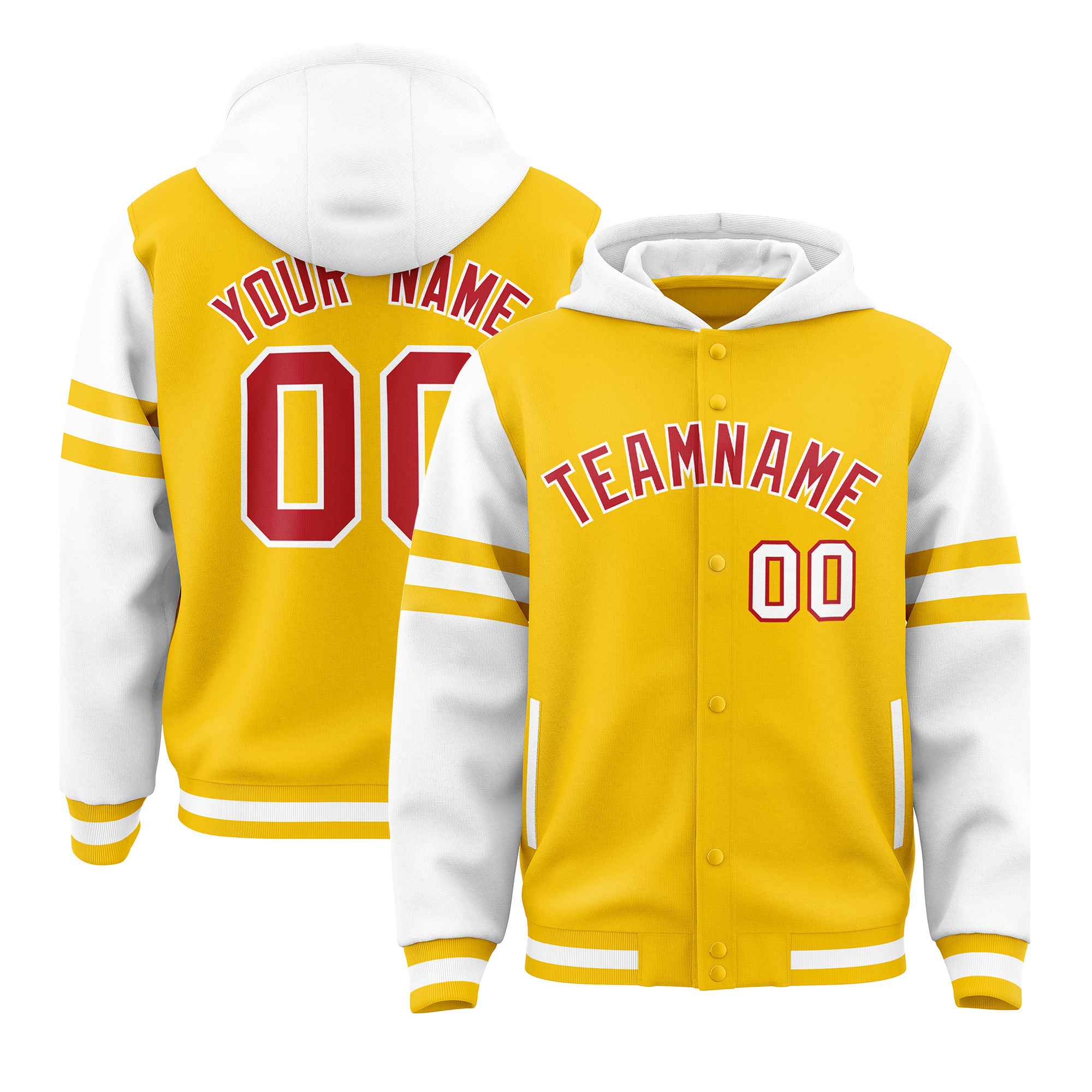Custom Gold White Raglan Sleeves Varsity Full-Snap Letterman Three Stripes Jacket Hoodie| KXKSHOP