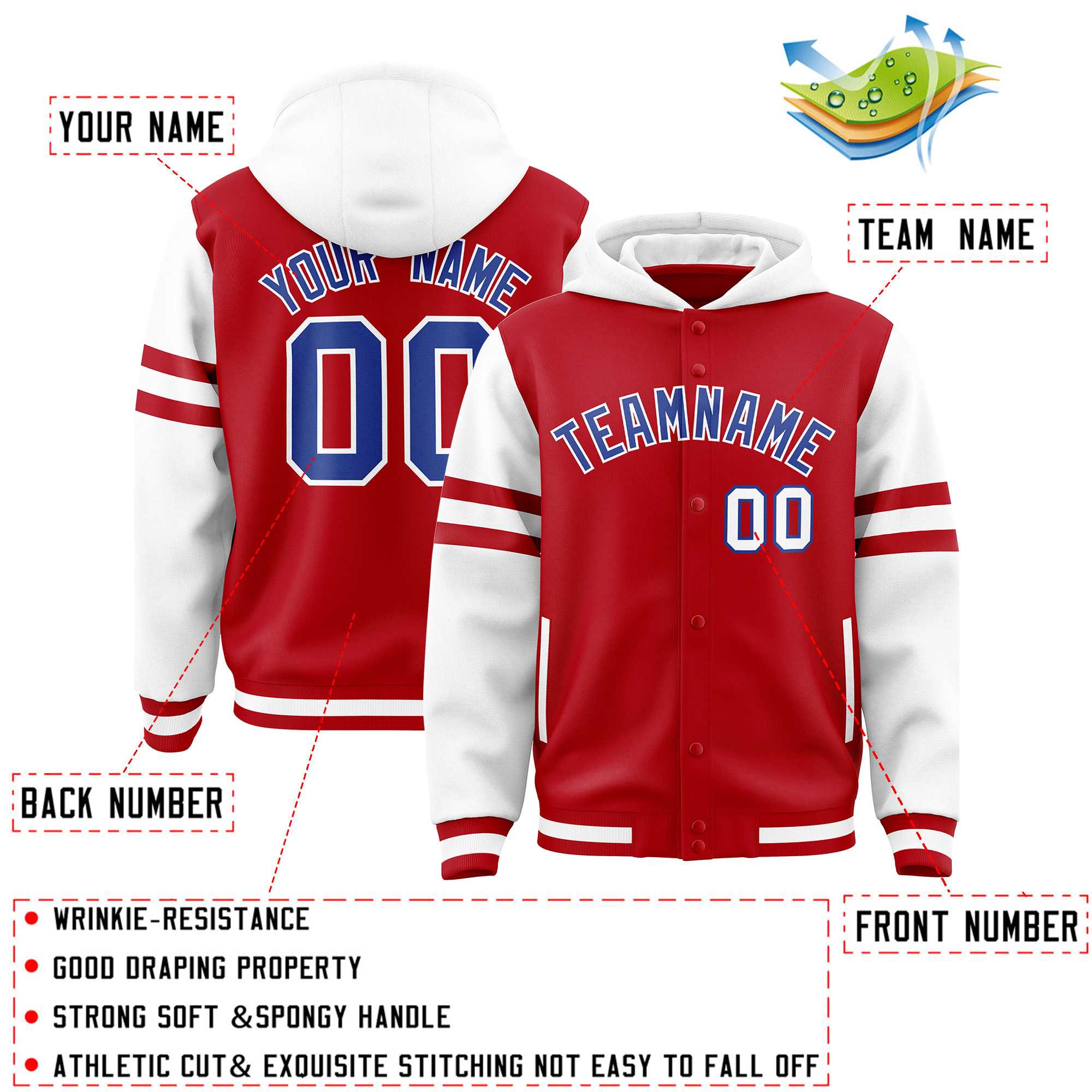 Custom Red White Raglan Sleeves Varsity Full-Snap Letterman Three Stripes Jacket Hoodie| KXKSHOP