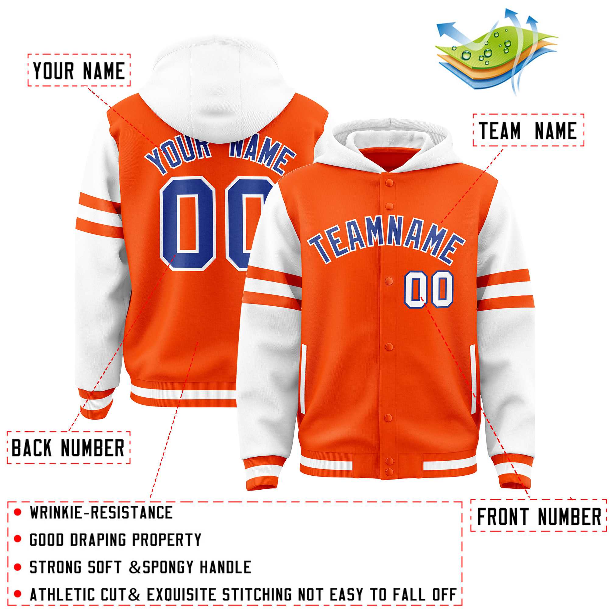 Custom Orange White Raglan Sleeves Varsity Full-Snap Letterman Three Stripes Jacket Hoodie| KXKSHOP