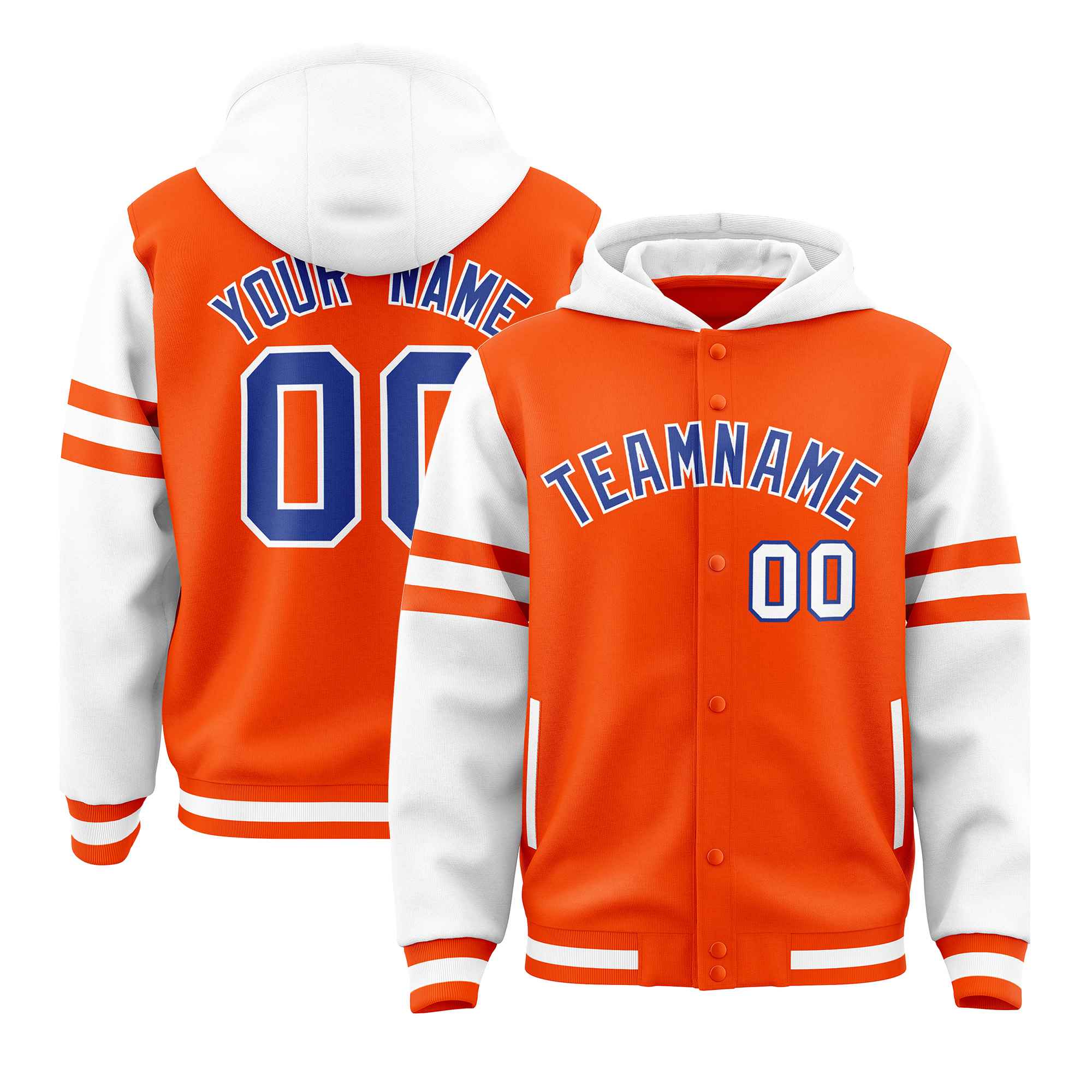 Custom Orange White Raglan Sleeves Varsity Full-Snap Letterman Three Stripes Jacket Hoodie| KXKSHOP