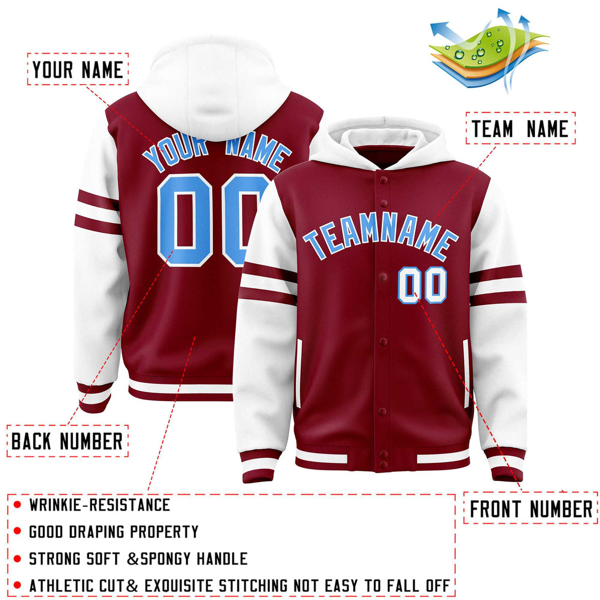 Custom Crimson White Raglan Sleeves Varsity Full-Snap Letterman Three Stripes Jacket Hoodie| KXKSHOP