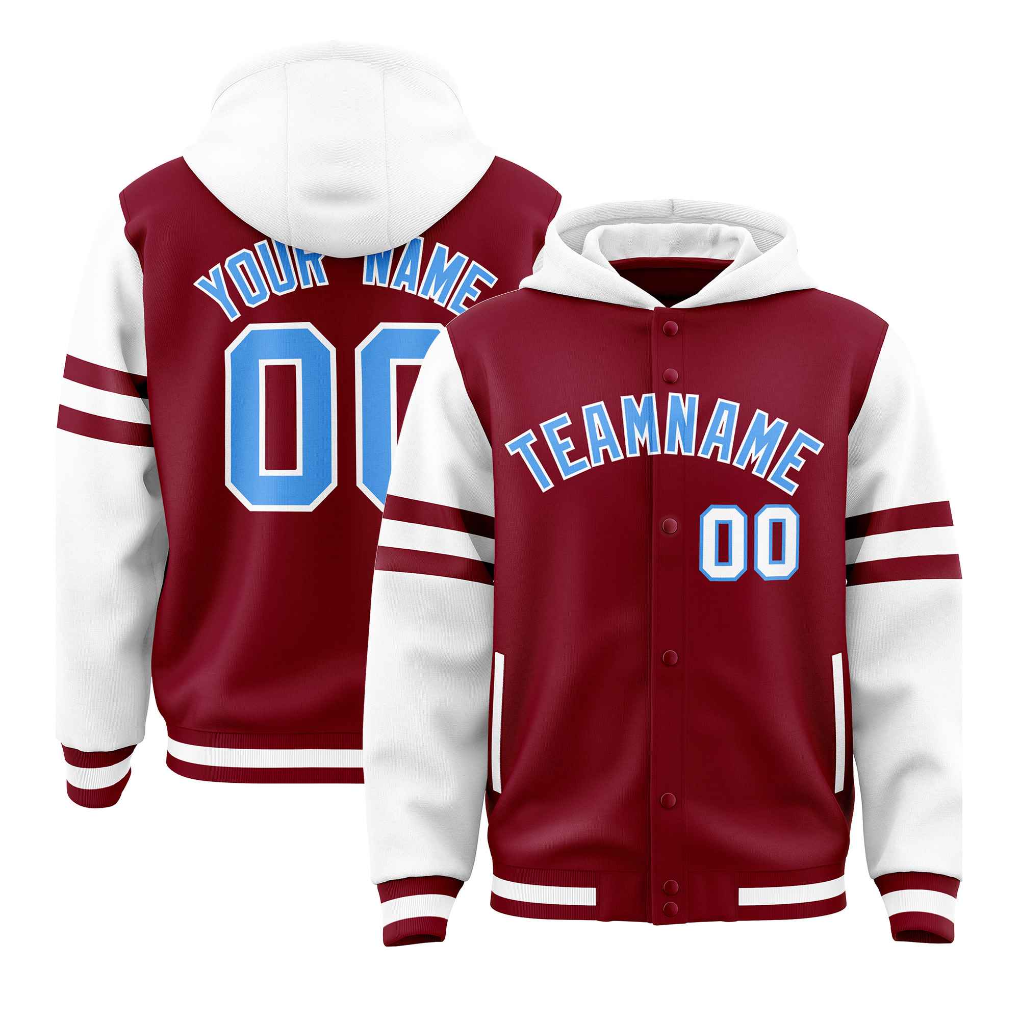 Custom Crimson White Raglan Sleeves Varsity Full-Snap Letterman Three Stripes Jacket Hoodie| KXKSHOP