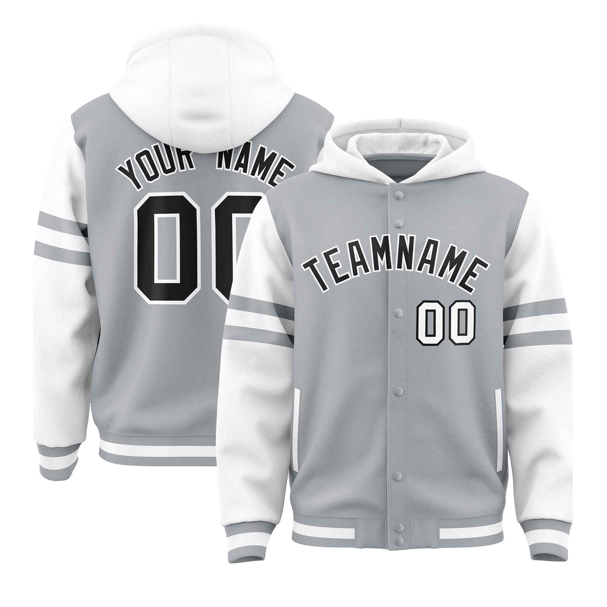 Custom Silver White Raglan Sleeves Varsity Full-Snap Letterman Three Stripes Jacket Hoodie| KXKSHOP