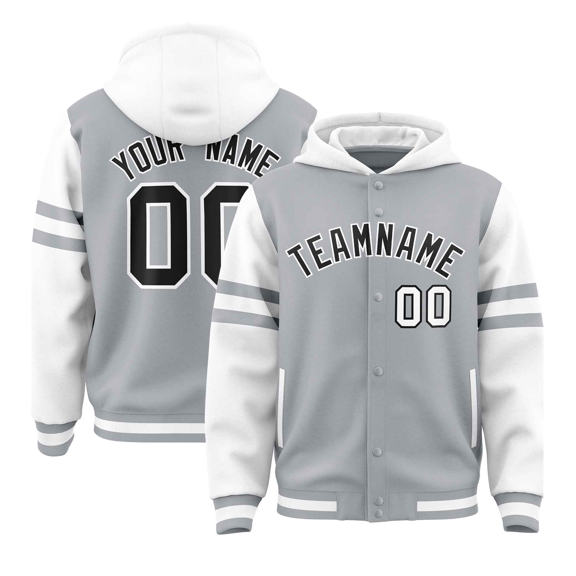 Custom Silver White Raglan Sleeves Varsity Full-Snap Letterman Three Stripes Jacket Hoodie| KXKSHOP