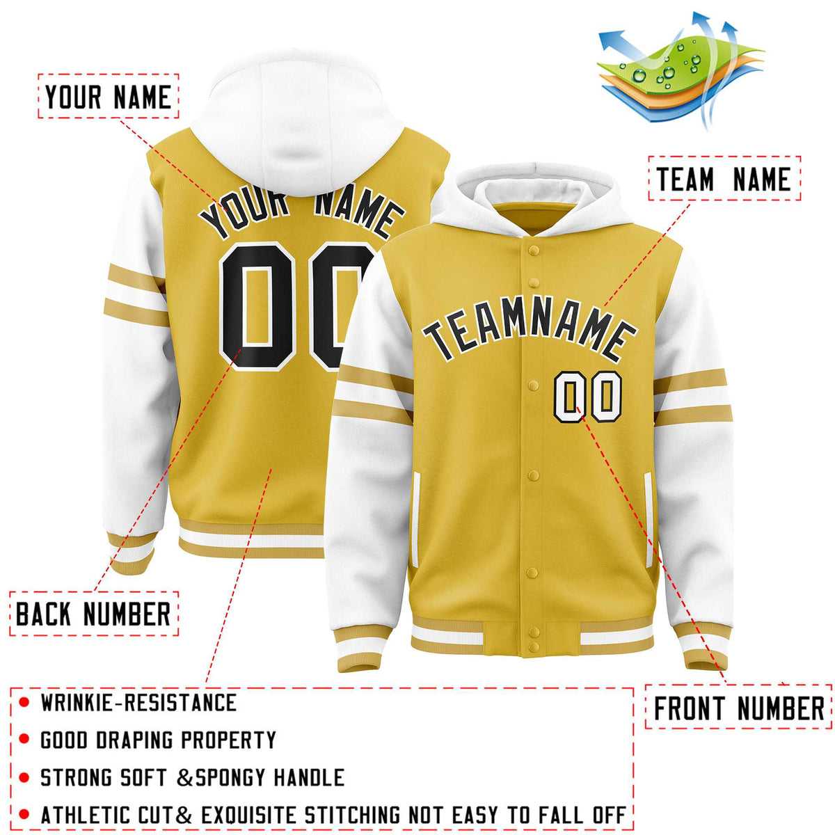 Custom Old Gold White Raglan Sleeves Varsity Full-Snap Letterman Three Stripes Jacket Hoodie| KXKSHOP