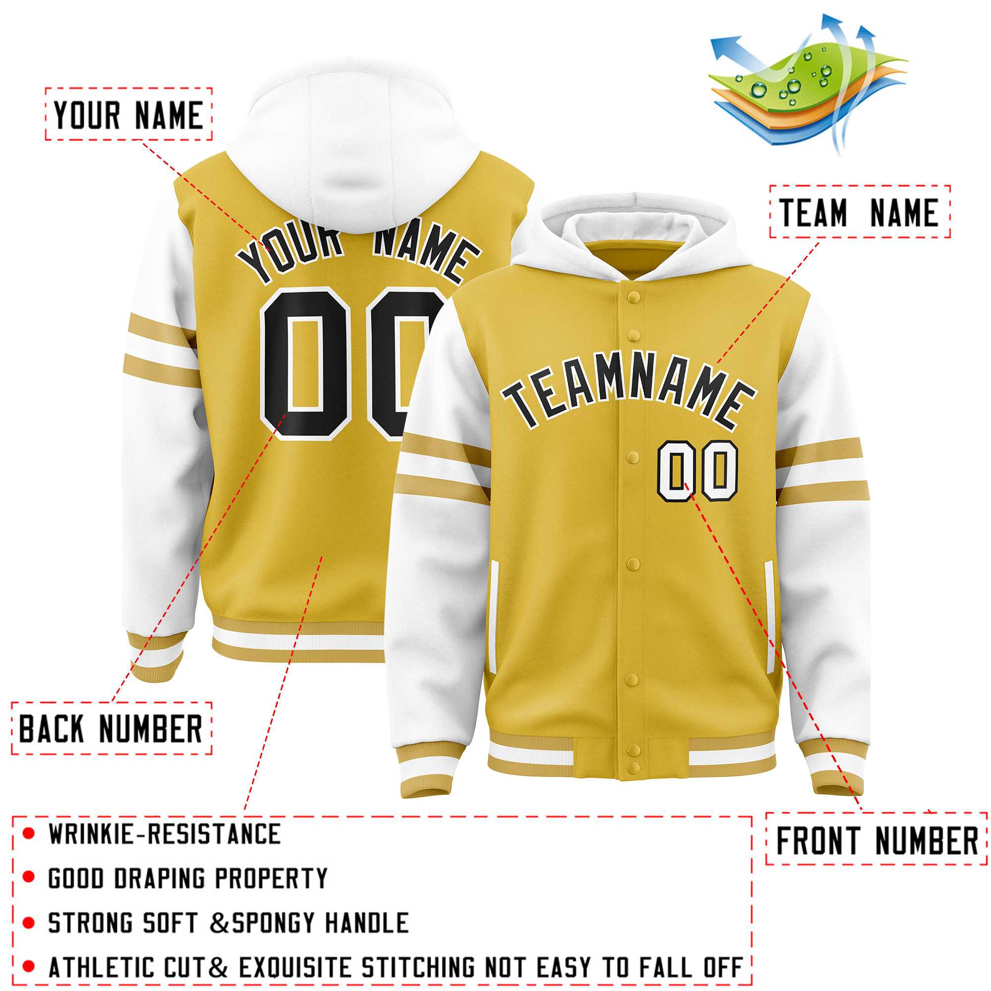 Custom Old Gold White Raglan Sleeves Varsity Full-Snap Letterman Three Stripes Jacket Hoodie| KXKSHOP
