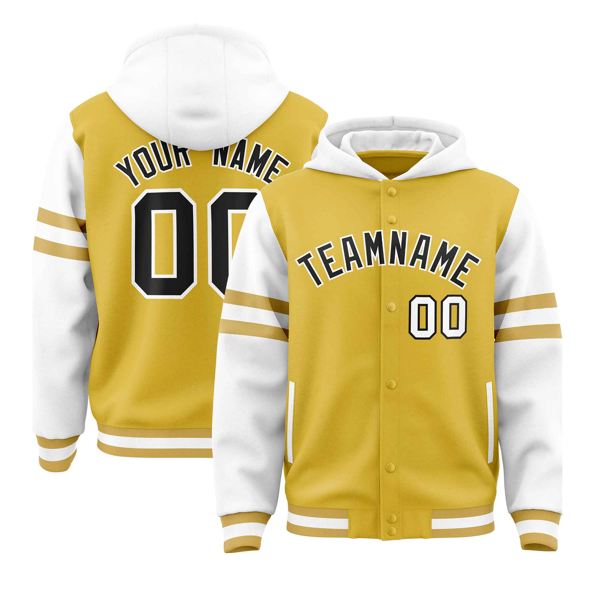 Custom Old Gold White Raglan Sleeves Varsity Full-Snap Letterman Three Stripes Jacket Hoodie| KXKSHOP