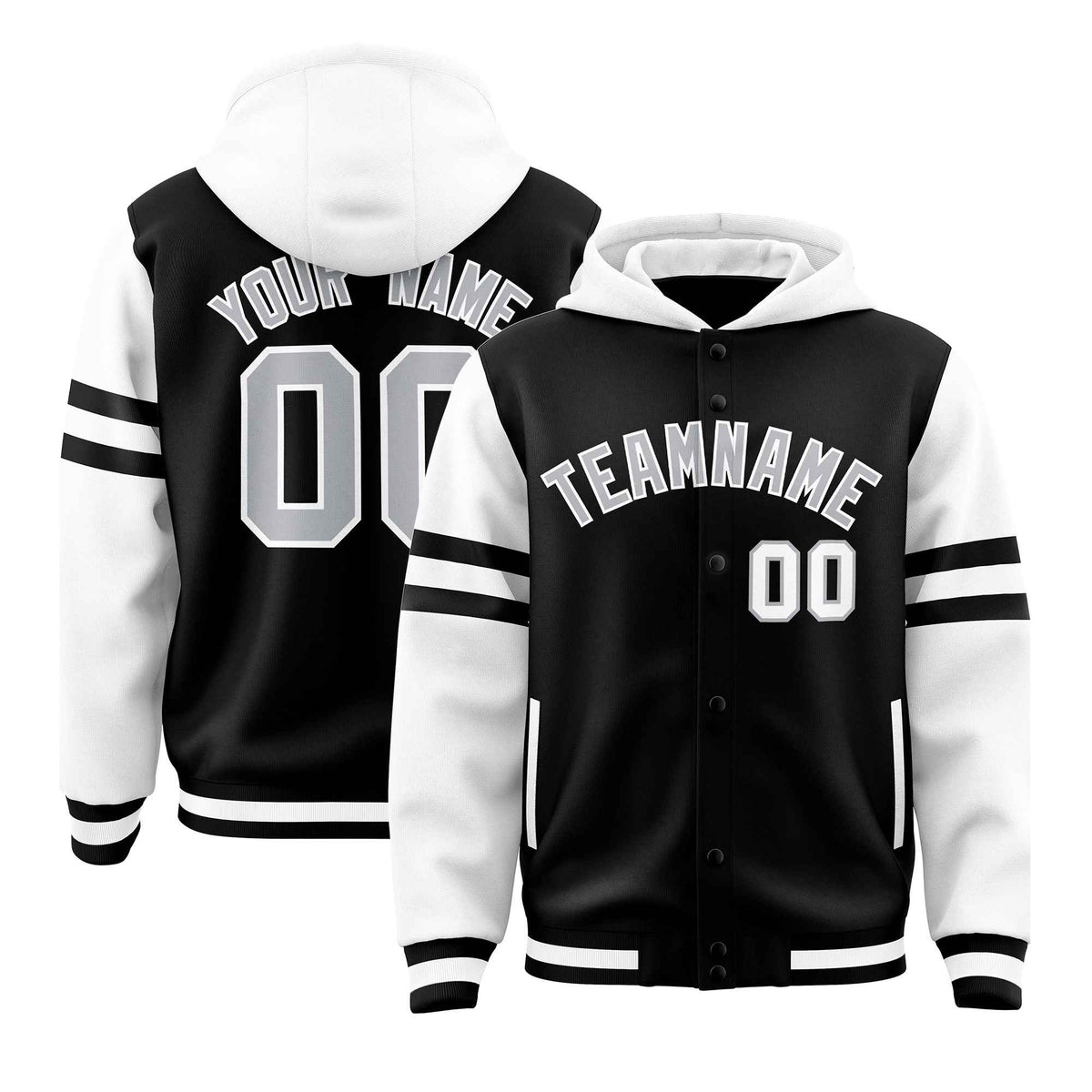 Custom Black White Raglan Sleeves Varsity Full-Snap Letterman Three Stripes Jacket Hoodie| KXKSHOP