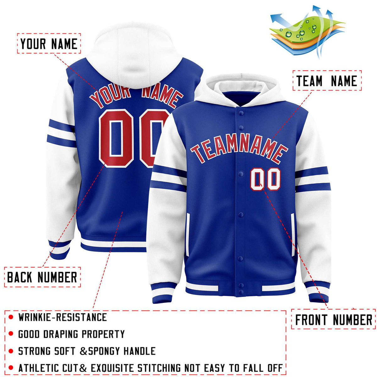 Custom Royal White Raglan Sleeves Varsity Full-Snap Letterman Three Stripes Jacket Hoodie| KXKSHOP