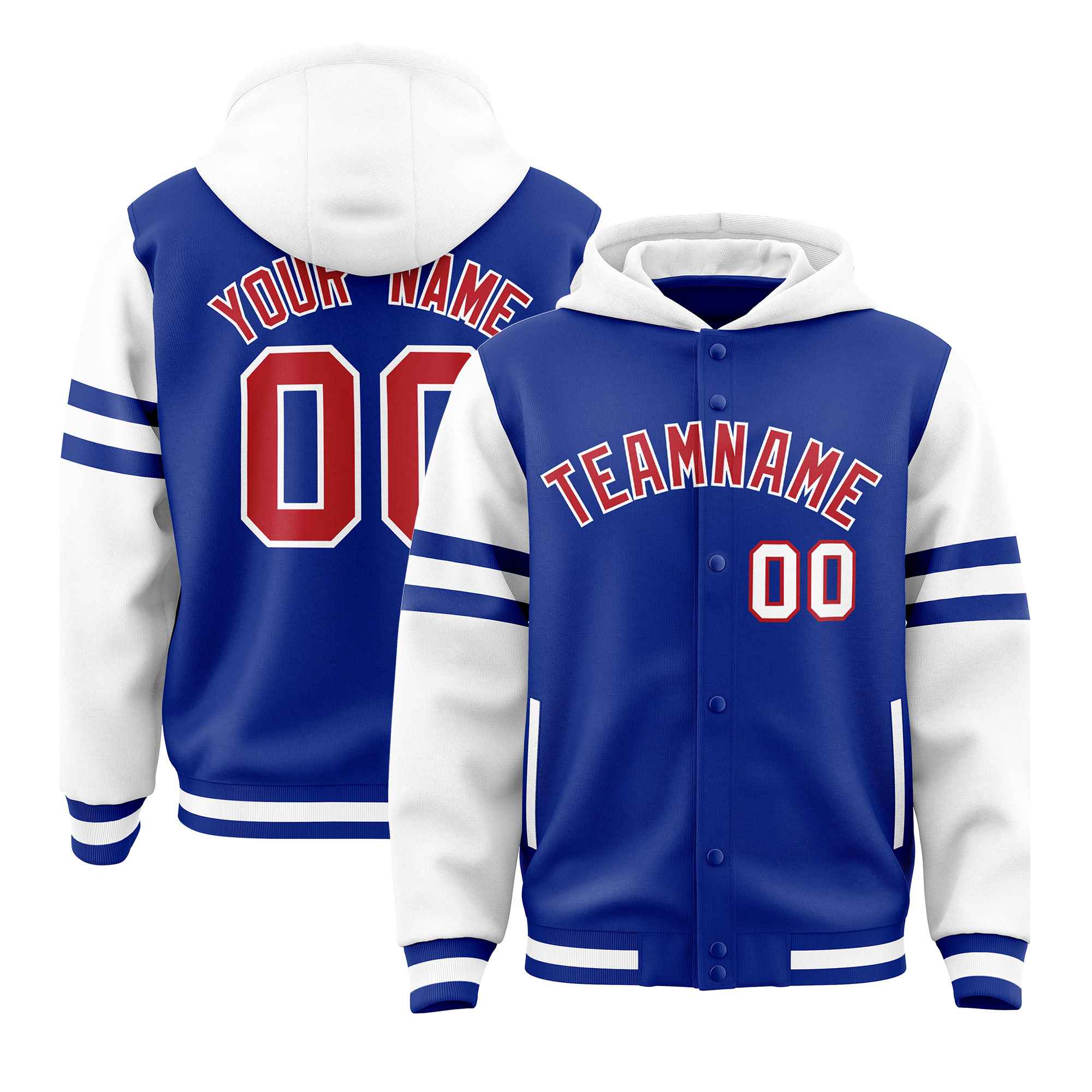 Custom Royal White Raglan Sleeves Varsity Full-Snap Letterman Three Stripes Jacket Hoodie| KXKSHOP