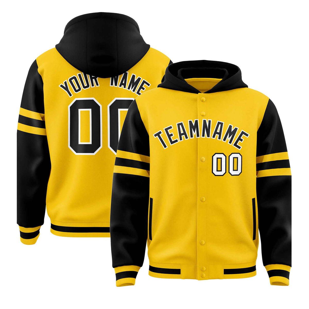 Custom Gold Black Raglan Sleeves Varsity Full-Snap Letterman Three Stripes Jacket Hoodie| KXKSHOP