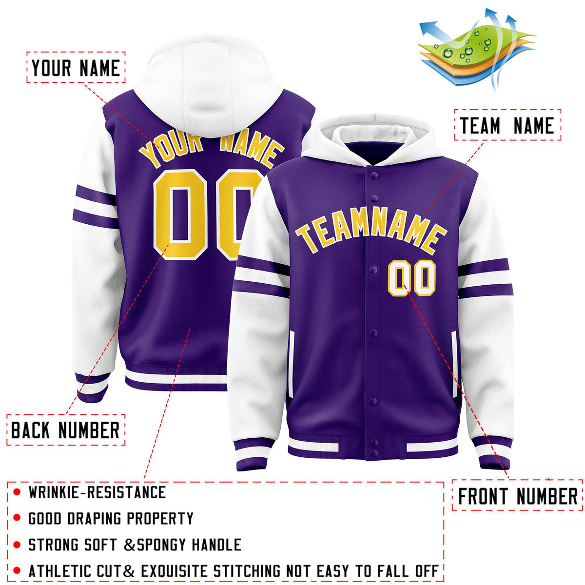 Custom Purple White Raglan Sleeves Varsity Full-Snap Letterman Three Stripes Jacket Hoodie| KXKSHOP