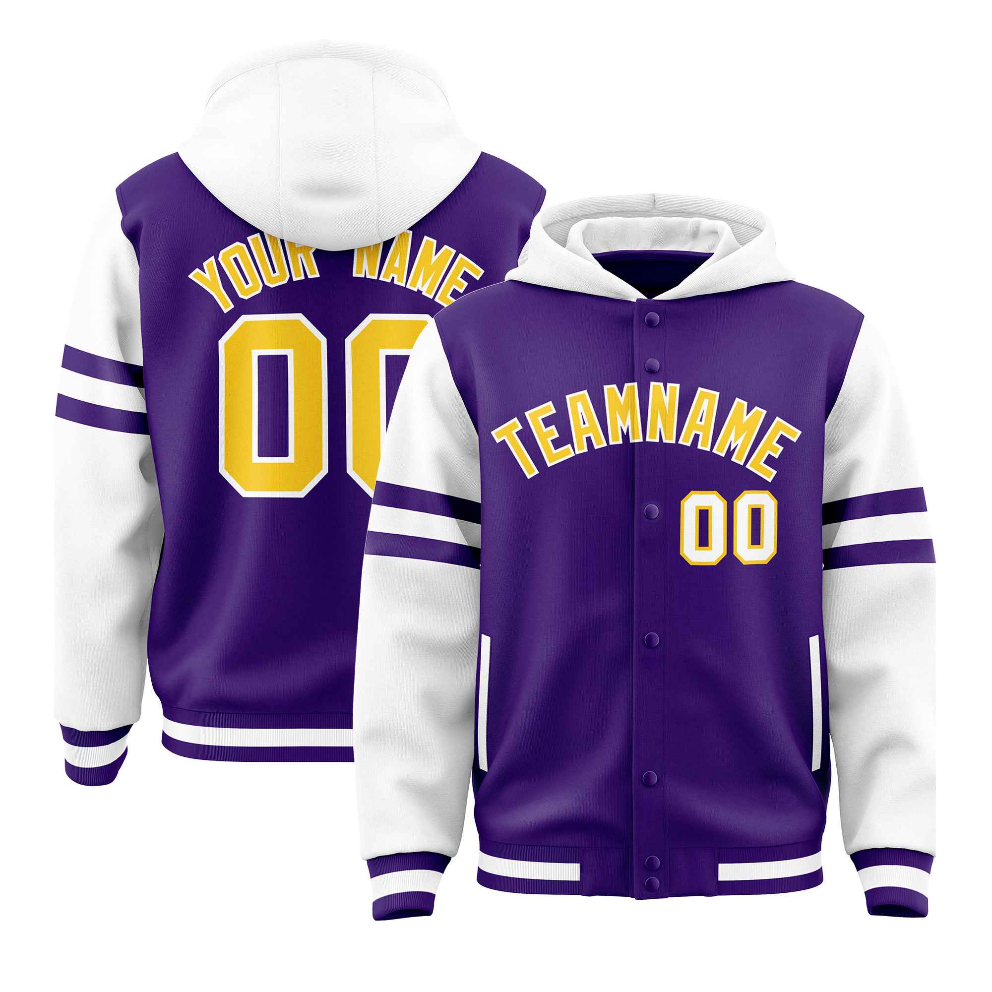 Custom Purple White Raglan Sleeves Varsity Full-Snap Letterman Three Stripes Jacket Hoodie| KXKSHOP